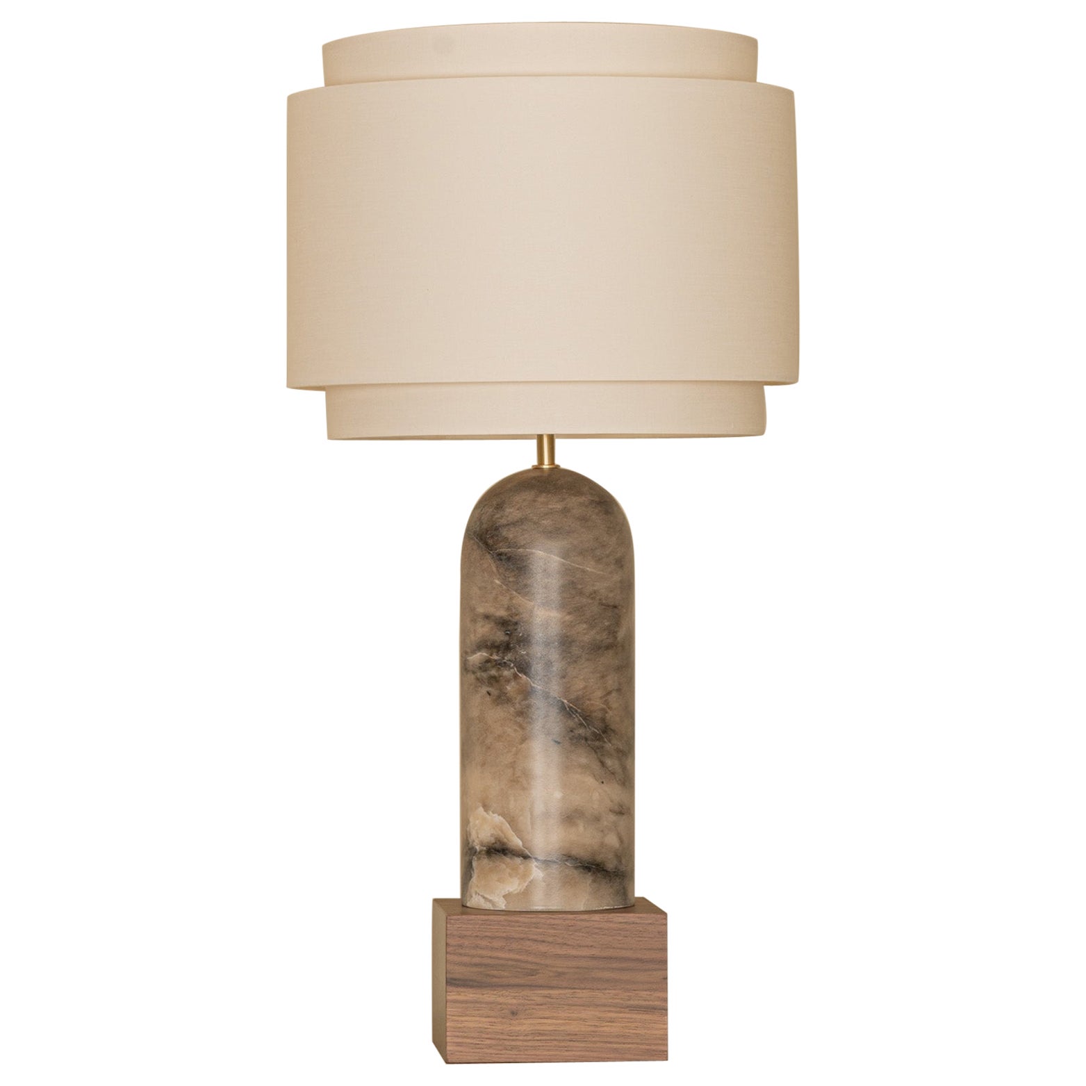 Pura Kelo Doppel-Tischlampe aus Alabaster und Nussbaumholz mit Alabasterfuß für Tabak von Simone & Marcel