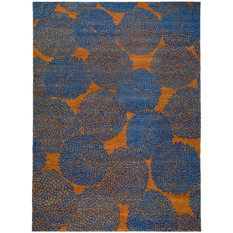 Tobacco and Indigo Blue Wool Rug with Dandelion Motif by Carini For