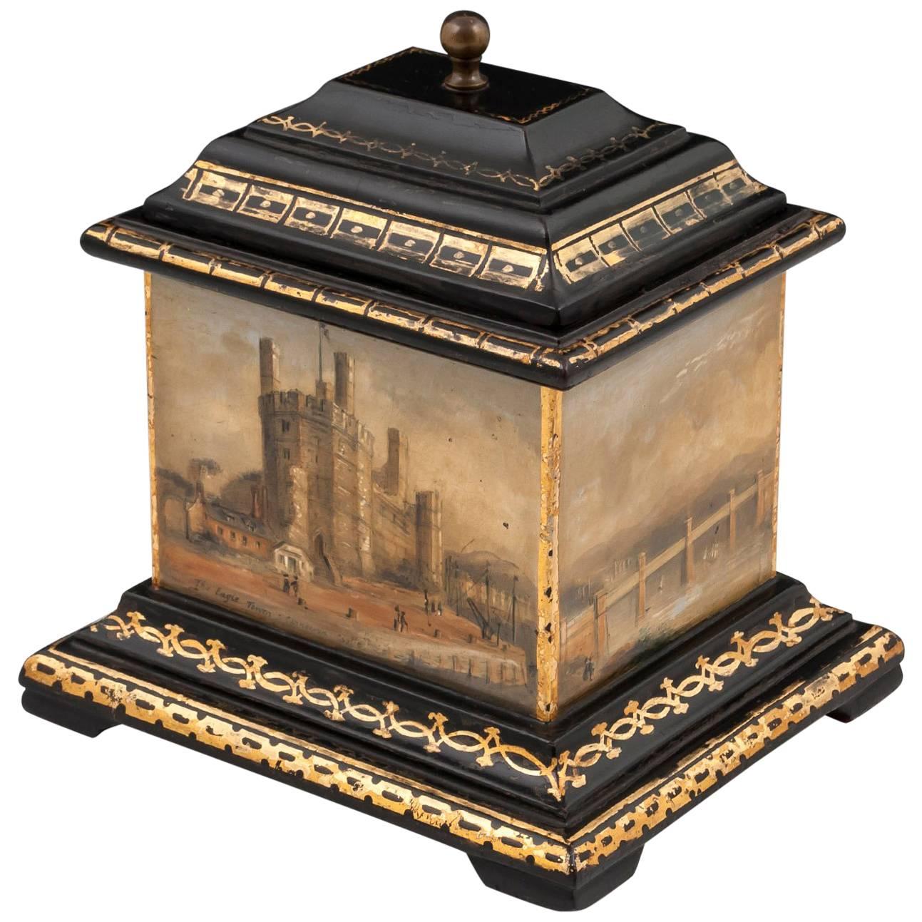 Tobacco Box Antique Gilt Welsh Slate 19th Century For Sale