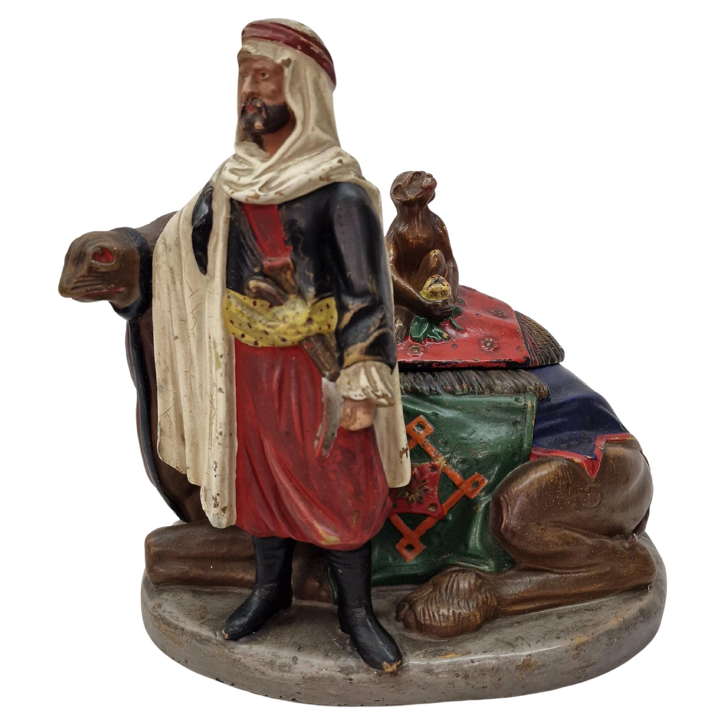 Tobacco box, ceramic, Arab with camel and monkey, smoking, 1890-1900, Germany
