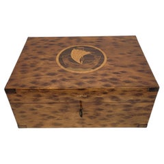 Tobacco Box or Cigar Humidor wood burl veneer, marquetry , Metal Hermes logo