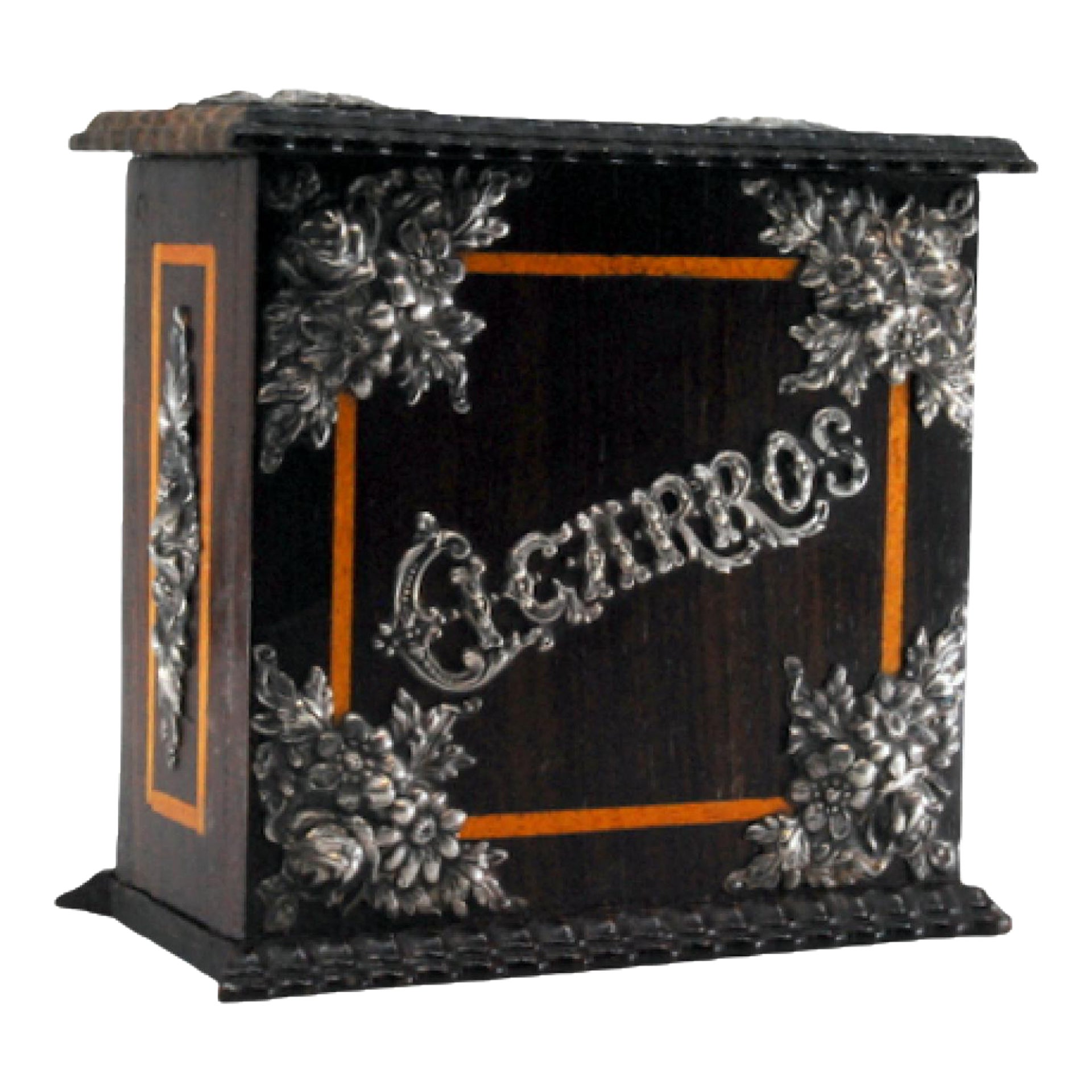 Caja de tabaco con adornos de palisandro temblón y aplicaciones de plata en venta