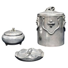 Tobacco Boxes and Ashtray, Set of Three Danish Pewter Humidor Box, Art Deco