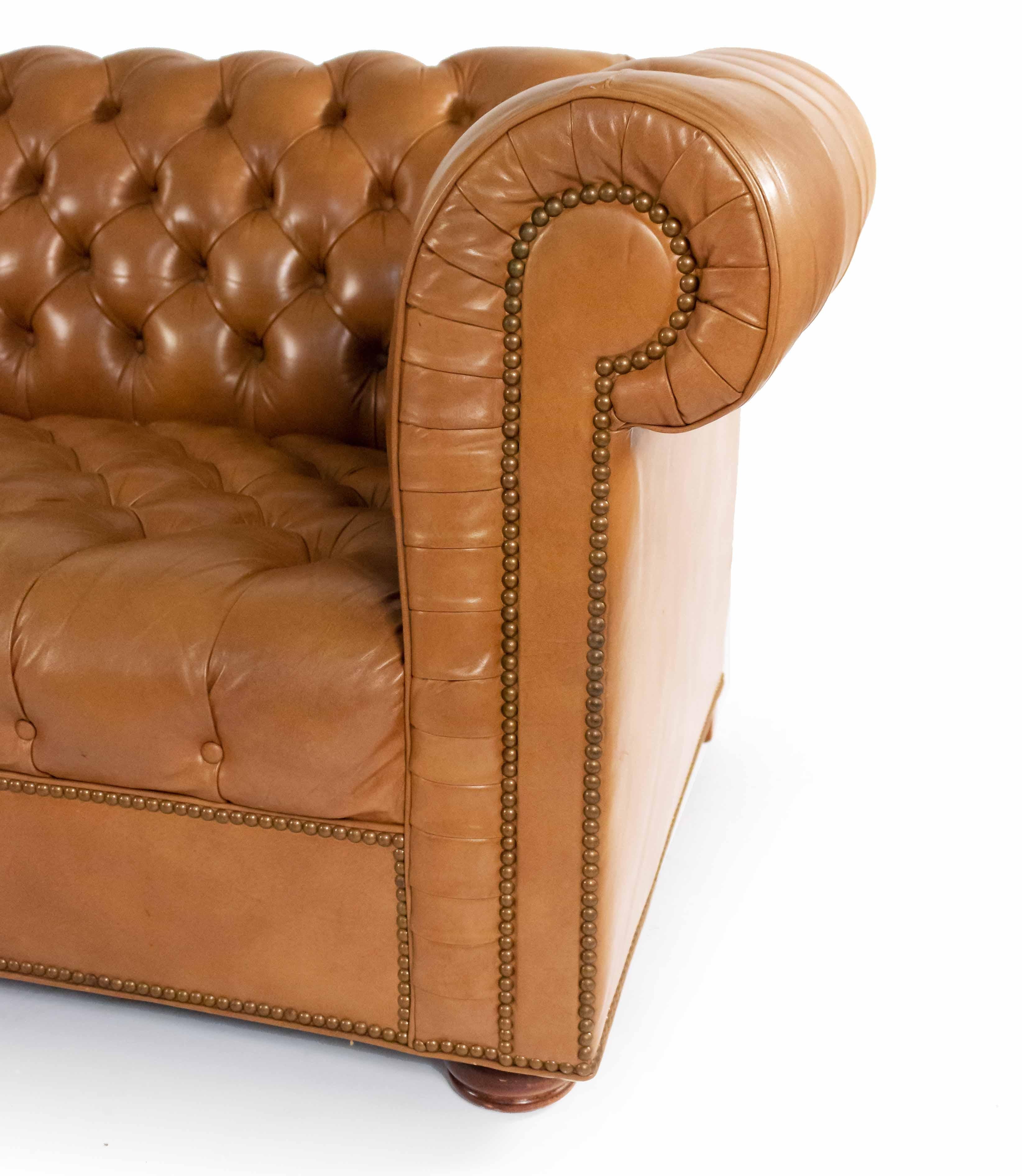 English Tobacco Brown Leather Chesterfield Sofa For Sale