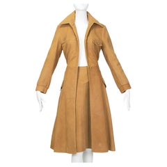 Vintage Tobacco Pebbled Leather Collegiate Trench Coat and A Line Skirt Suit – S-M, 1970