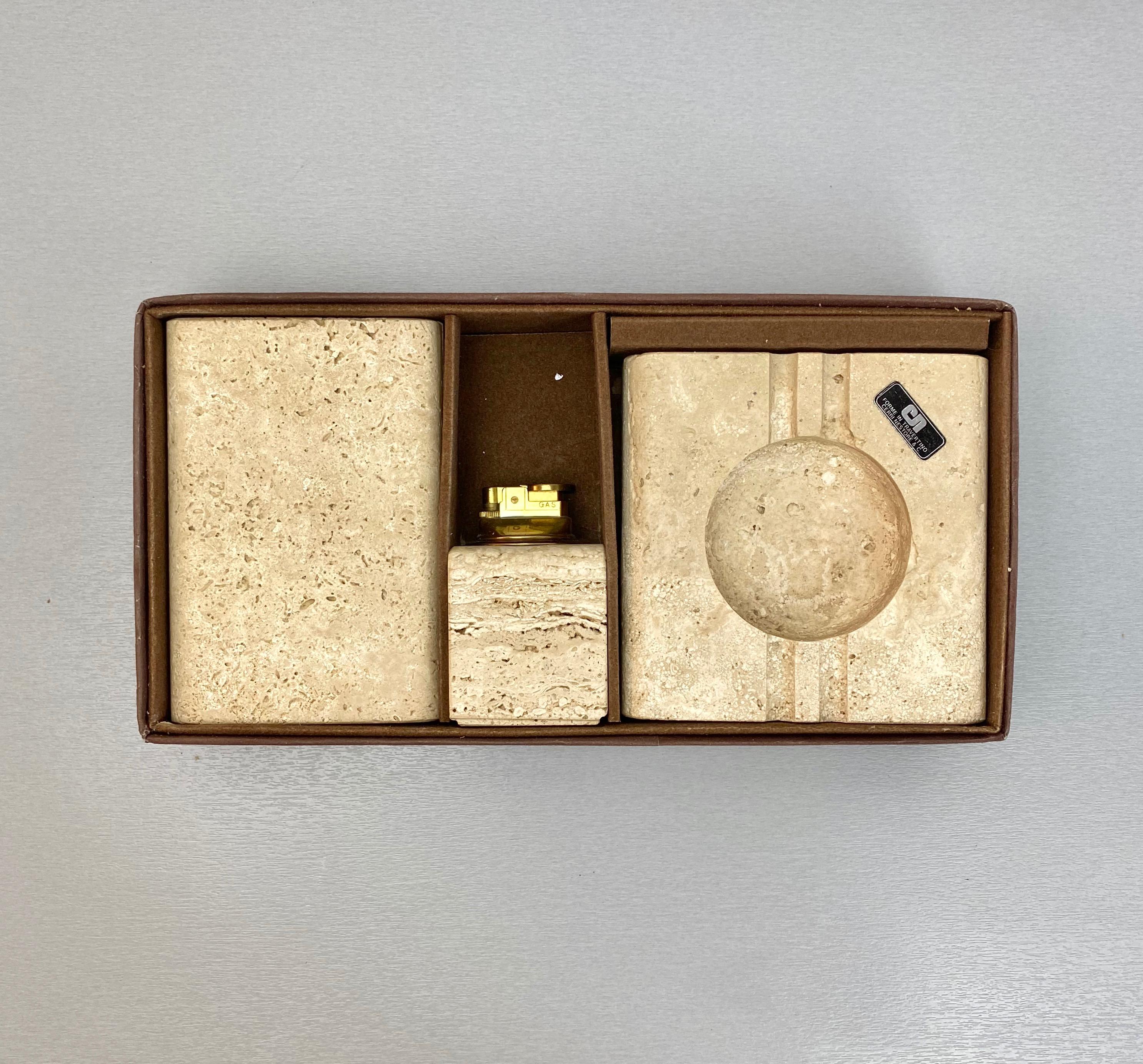 Tabak-Set aus Travertin-Aschenbecherfeuerzeug und -Kasten von Cerri Nestore, Italien, 1970er Jahre im Zustand „Gut“ im Angebot in Rome, IT