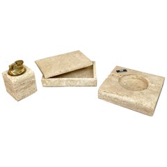 Juego de tabaco en cenicero de travertino Encendedor y caja de Cerri Nestore, Italia, años 70