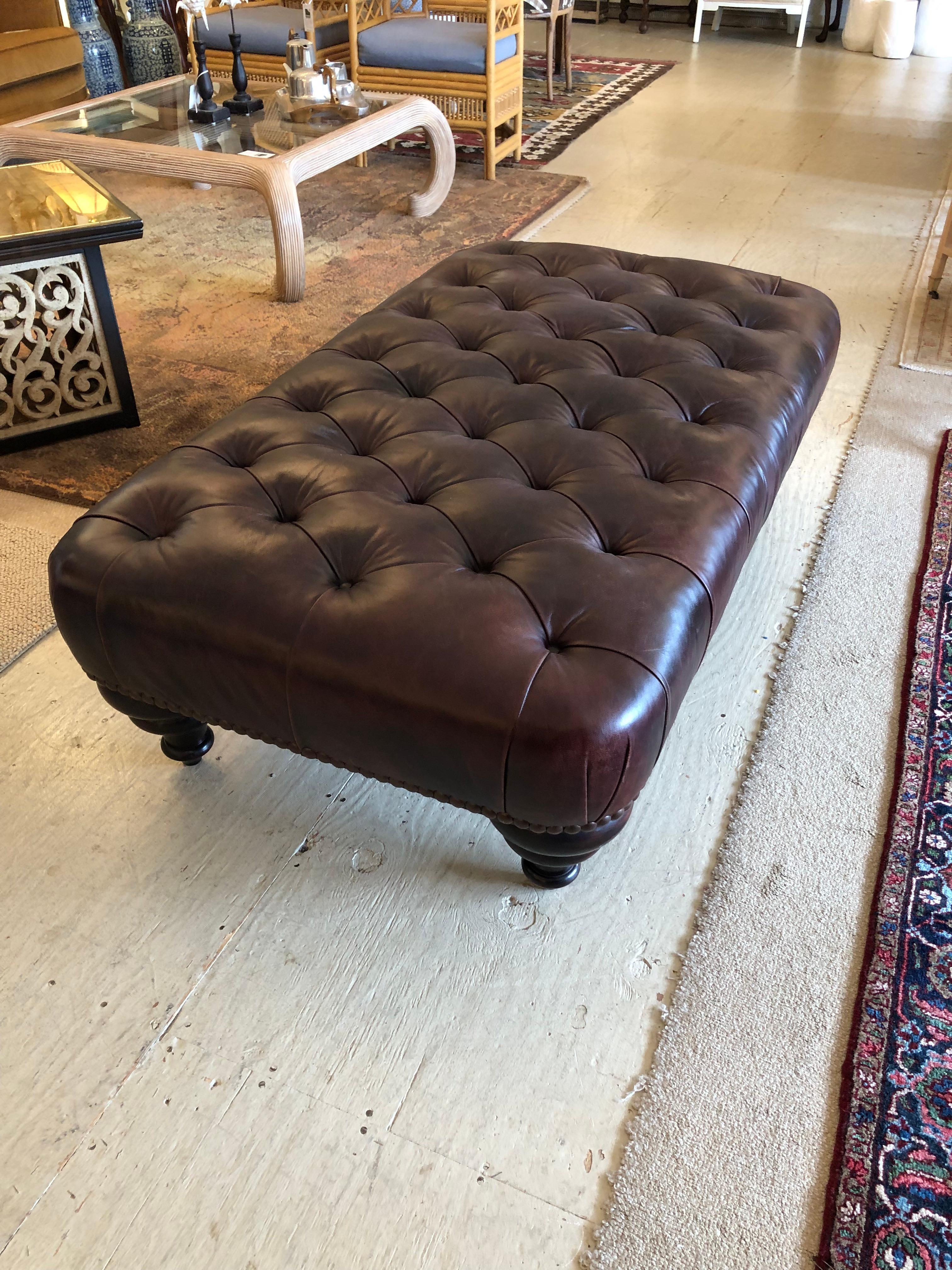  Tobacco Tufted Leather Chesterfield Style George Smith Ottoman Coffee Table 6