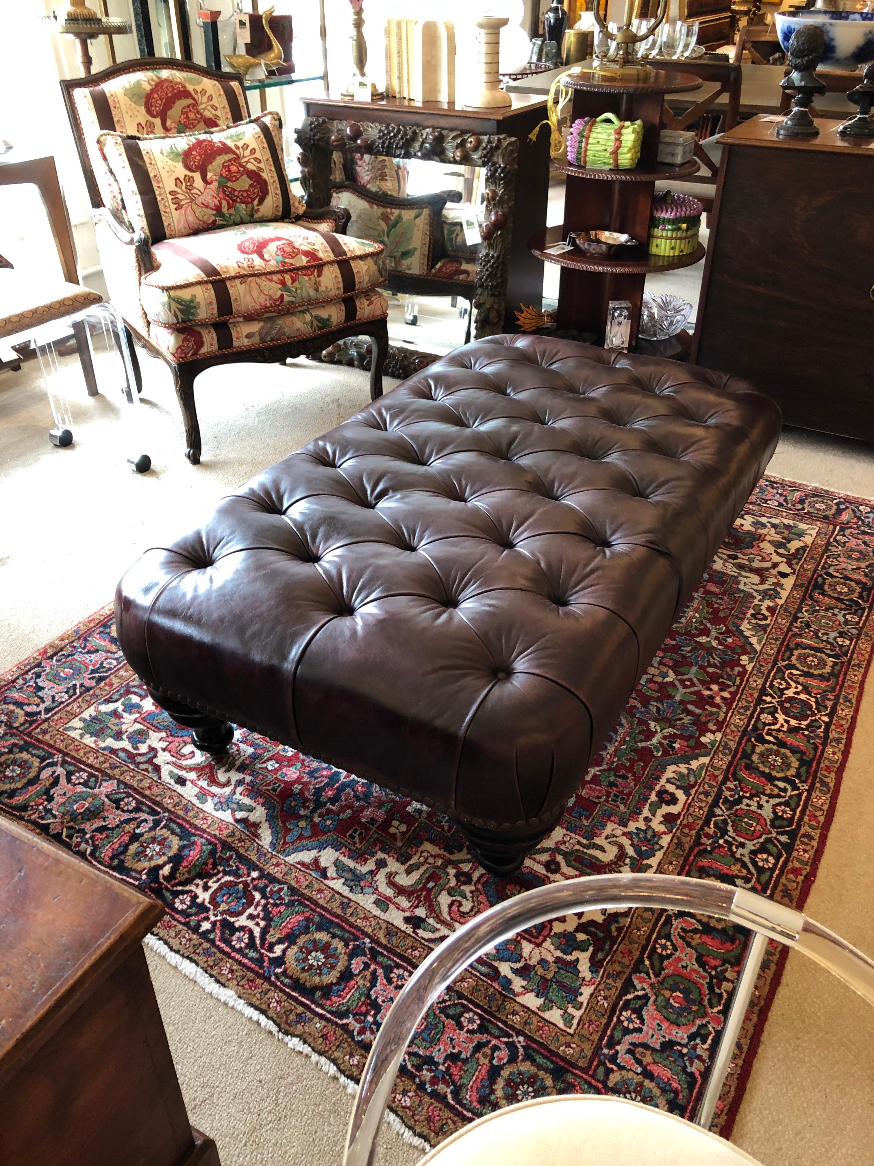  Tobacco Tufted Leather Chesterfield Style George Smith Ottoman Coffee Table In Good Condition In Hopewell, NJ
