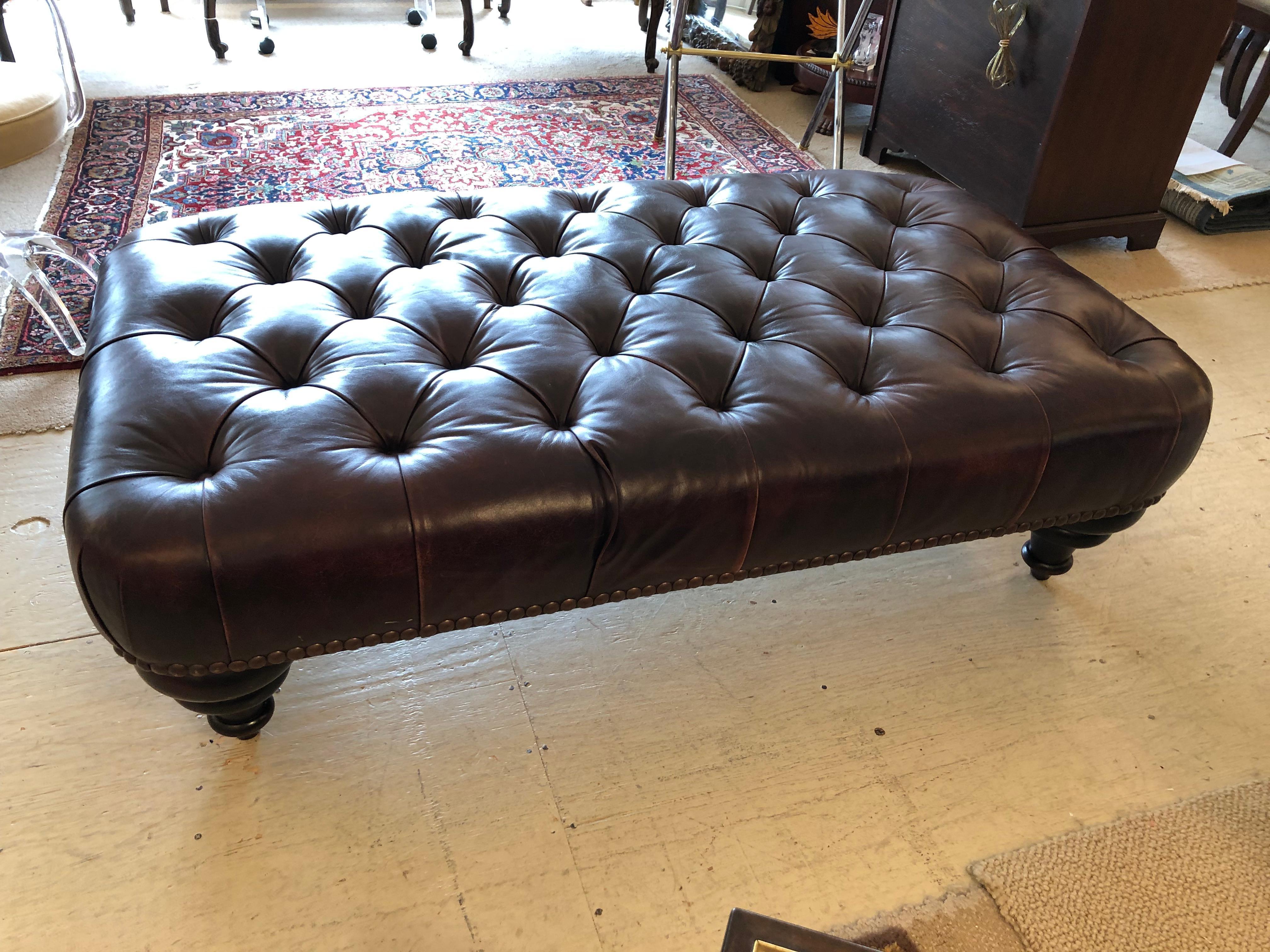  Tobacco Tufted Leather Chesterfield Style George Smith Ottoman Coffee Table 1