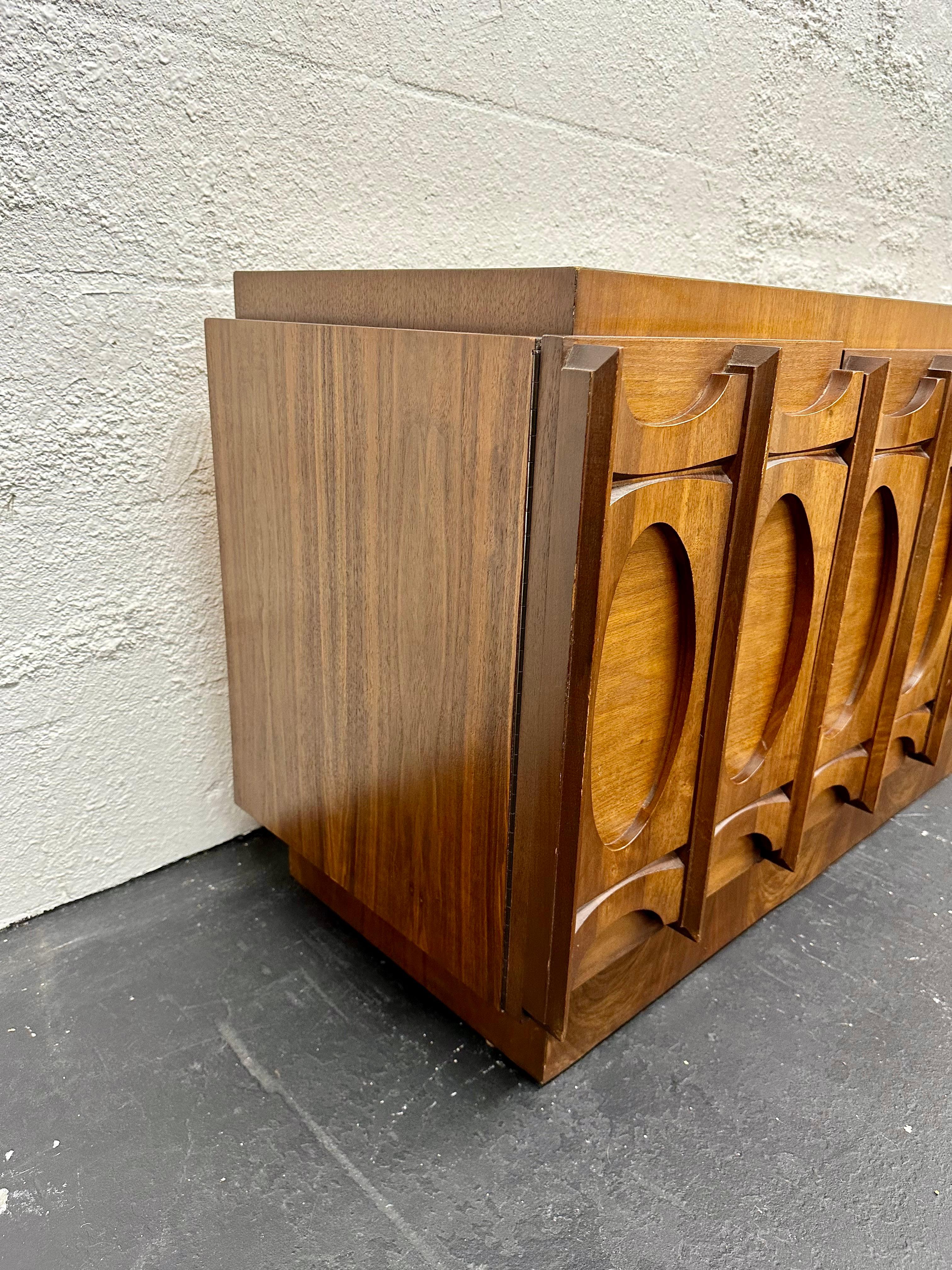 Tobago Brutalist Mid Century 2pc Walnut Credenza and Hutch 7