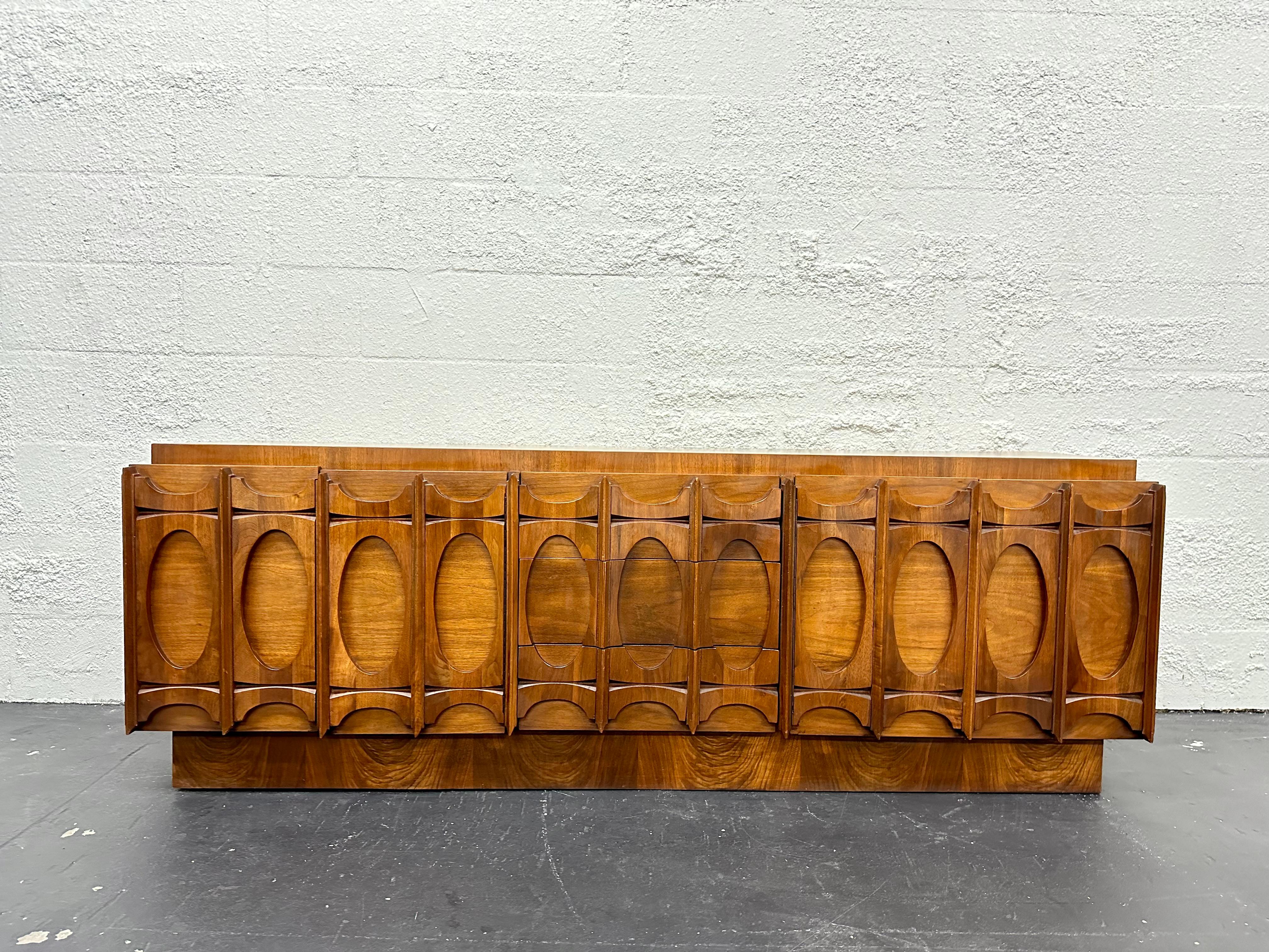 20th Century Tobago Brutalist Mid Century 2pc Walnut Credenza and Hutch