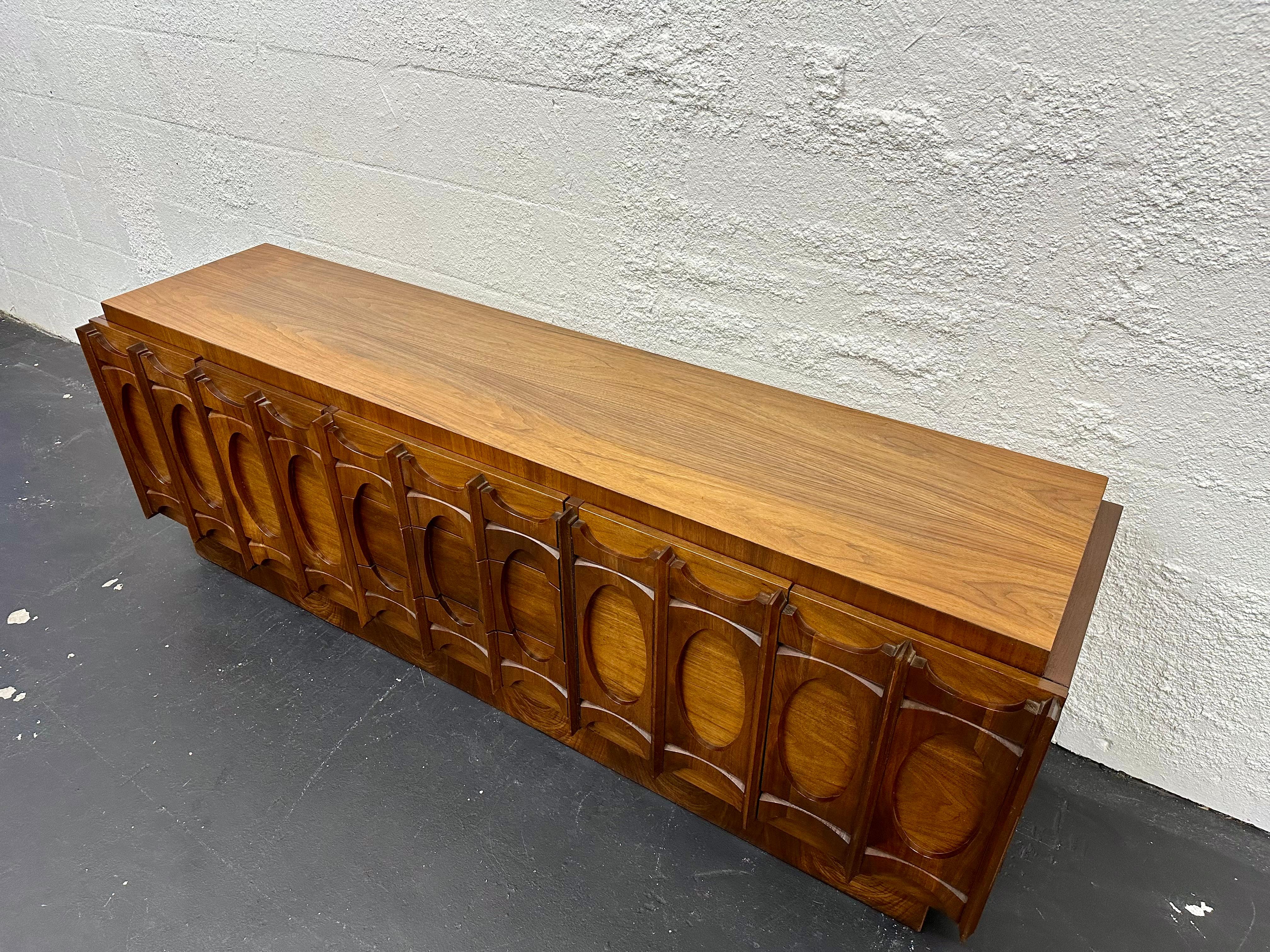 Glass Tobago Brutalist Mid Century 2pc Walnut Credenza and Hutch