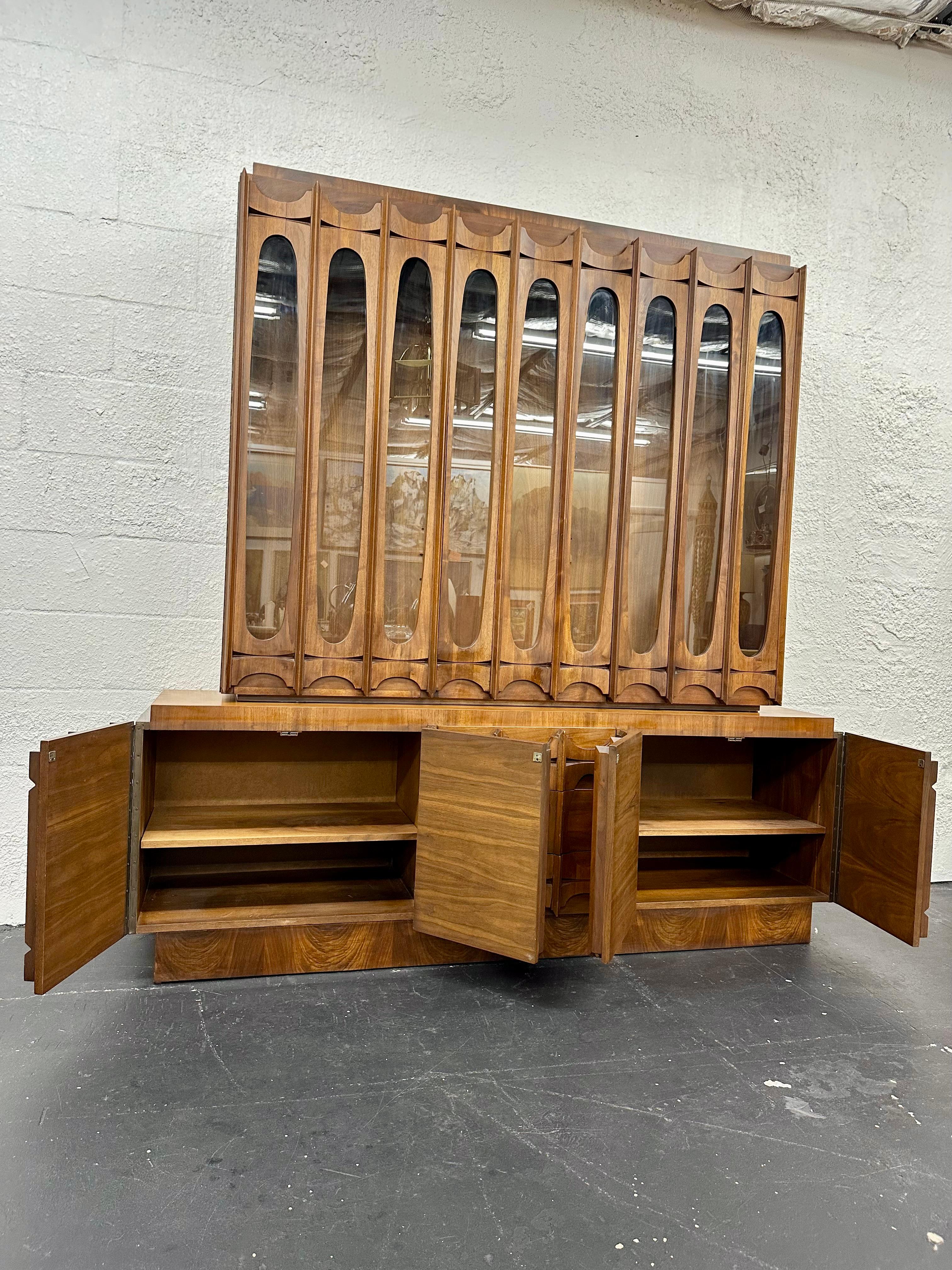 Tobago Brutalist Mid Century 2pc Walnut Credenza and Hutch 1