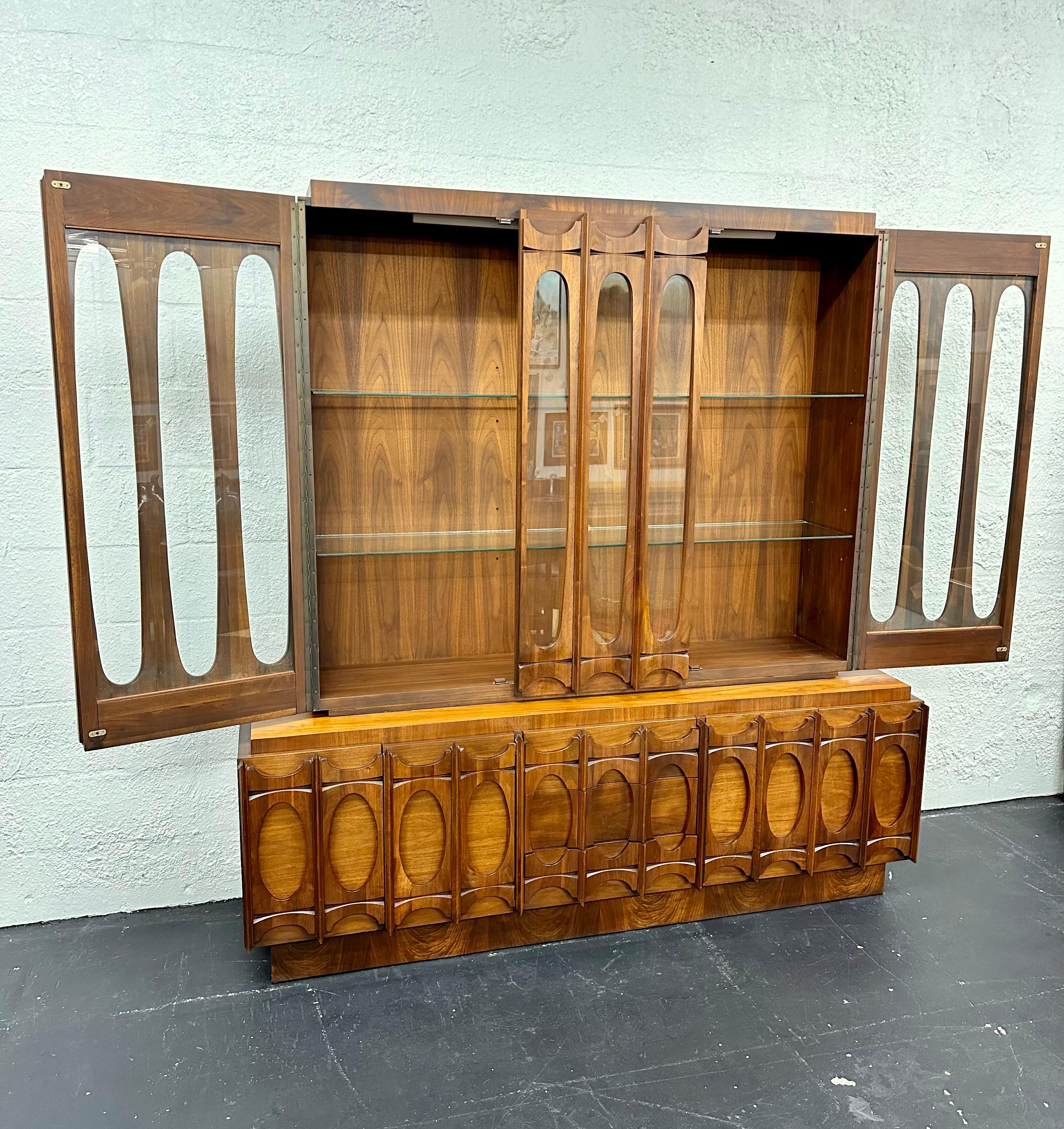 Tobago Brutalist Mid Century 2pc Walnut Credenza and Hutch 2