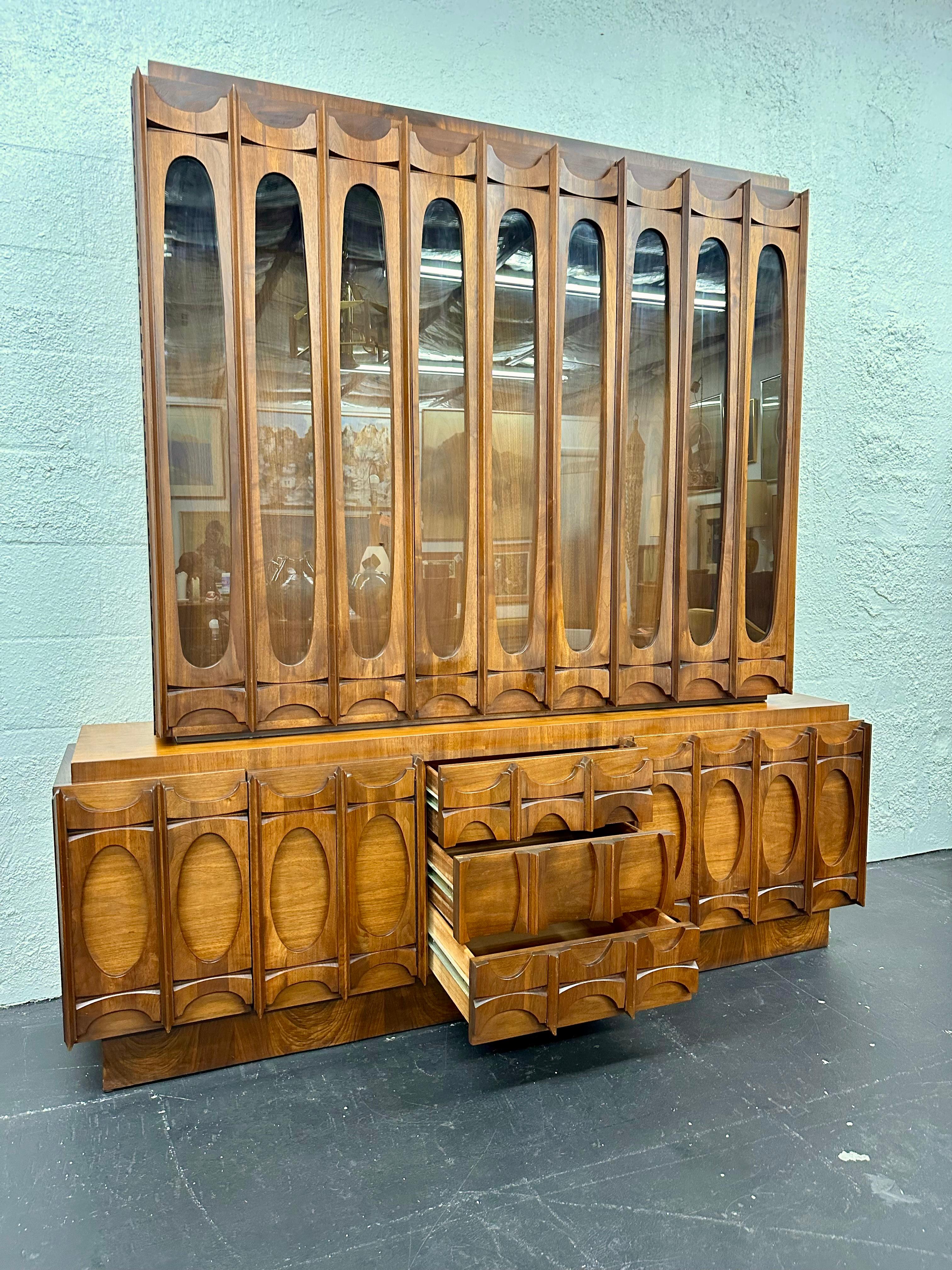 Tobago Brutalist Mid Century 2pc Walnut Credenza and Hutch 3