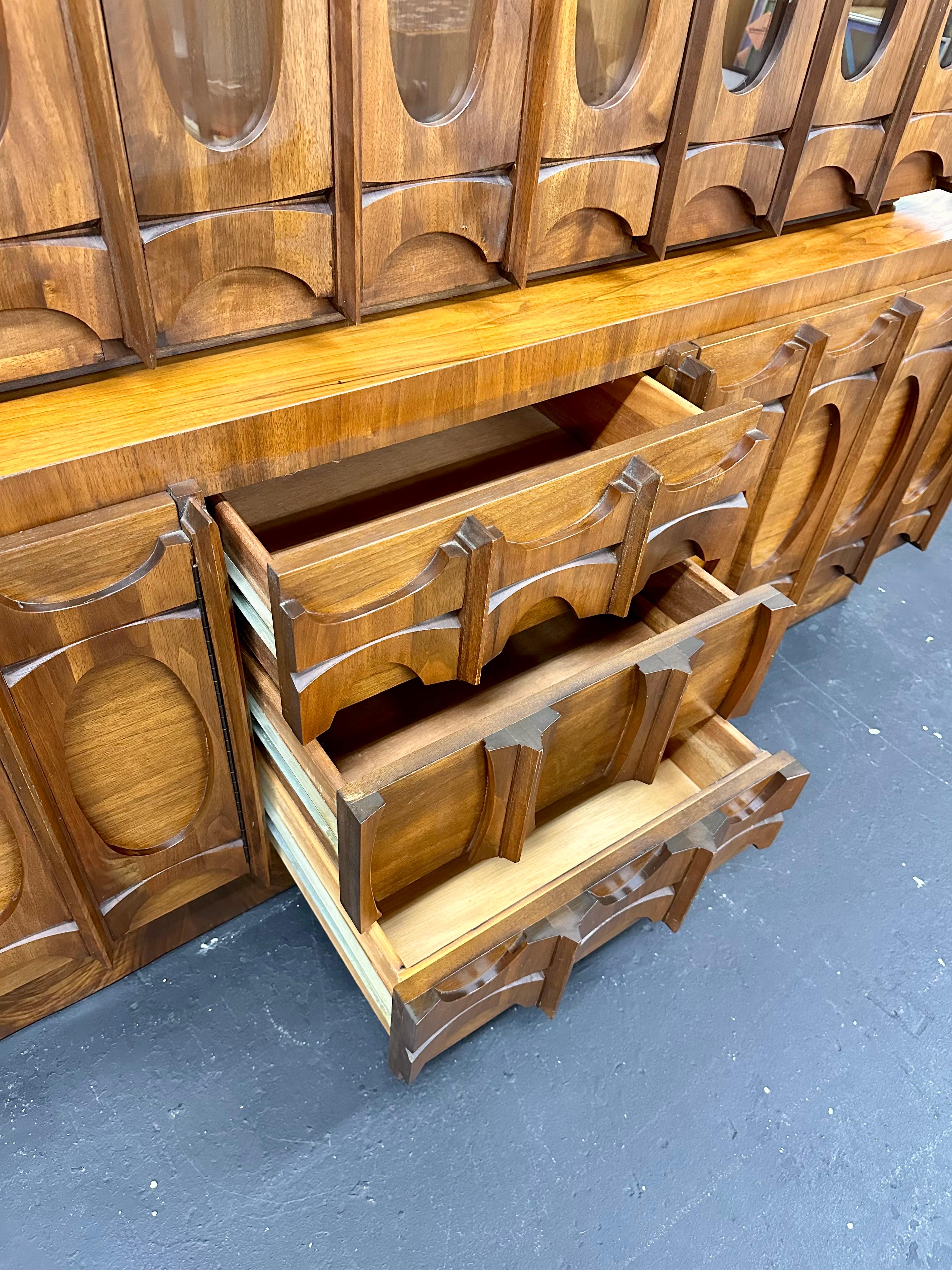 Tobago Brutalist Mid Century 2pc Walnut Credenza and Hutch 4