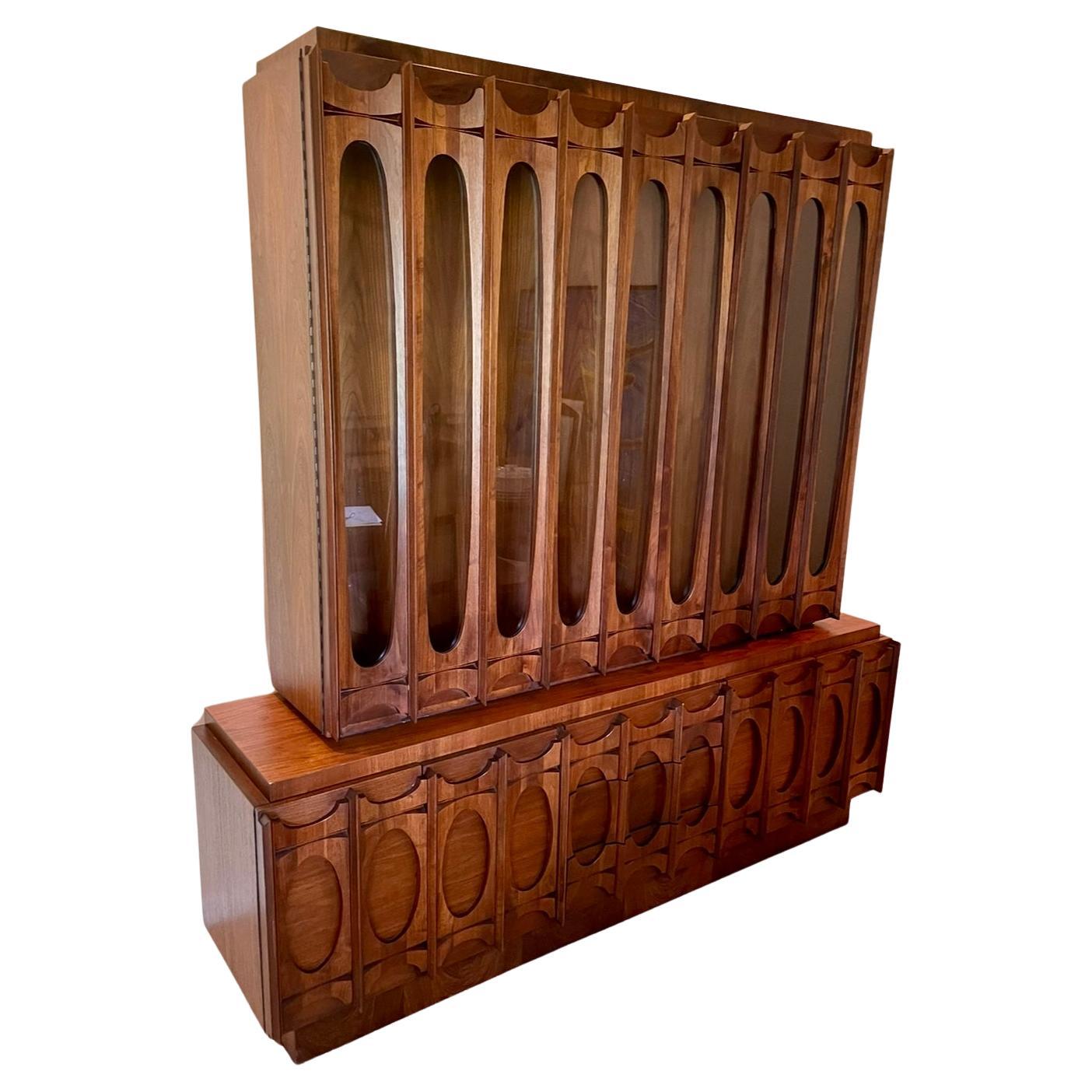 Tobago Canada Brutalist Mid Century Modern Walnut Two Piece China Hutch. Credenza base and Hutch Top can be used separately or together as shown. Date January 31st 1973 on back. Excellent original vintage condition, only minor typical light signs of