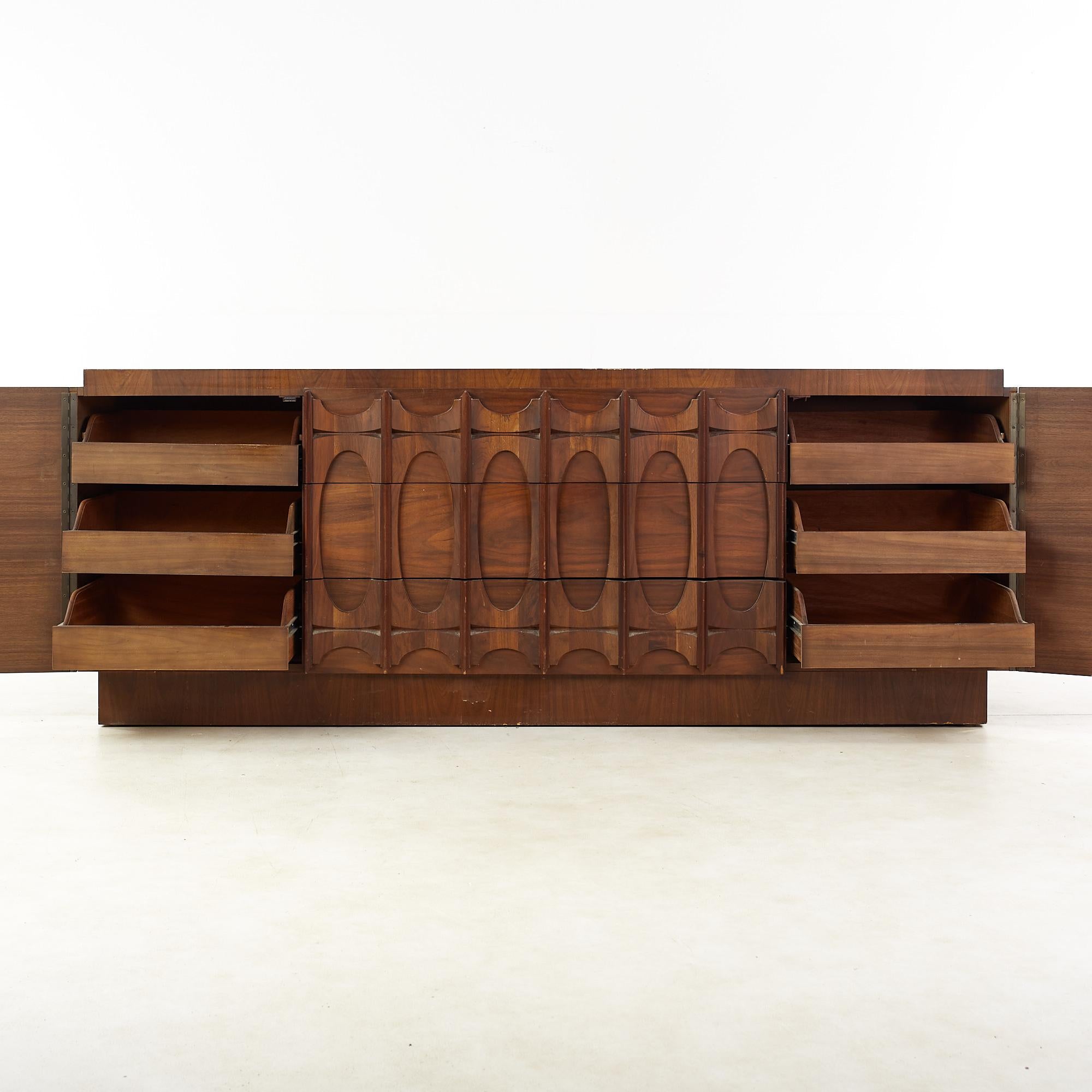 Late 20th Century Tobago Brutalist Mid-Century Walnut 9 Drawer Lowboy Dresser