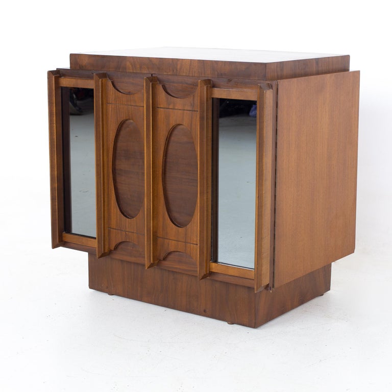 Tobago Brutalist Mid Century Walnut and Mirror Nightstand For Sale at