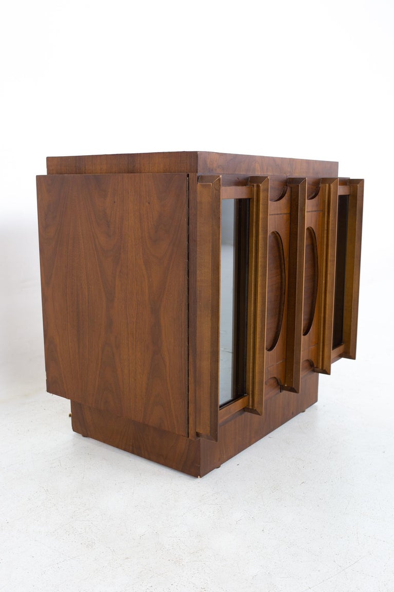 Tobago Brutalist Mid Century Walnut and Mirror Nightstand For Sale at 1stDibs mirrored