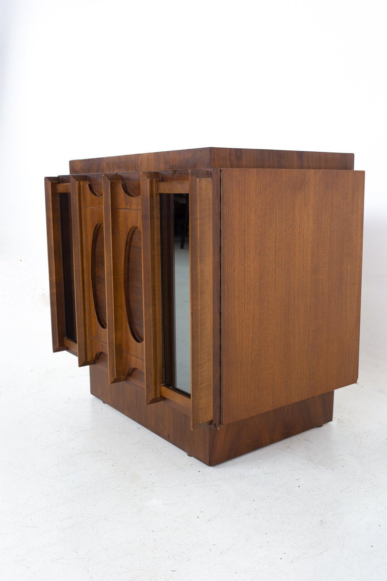 Tobago Brutalist Mid Century Walnut and Mirror Nightstand For Sale at 1stDibs mirrored