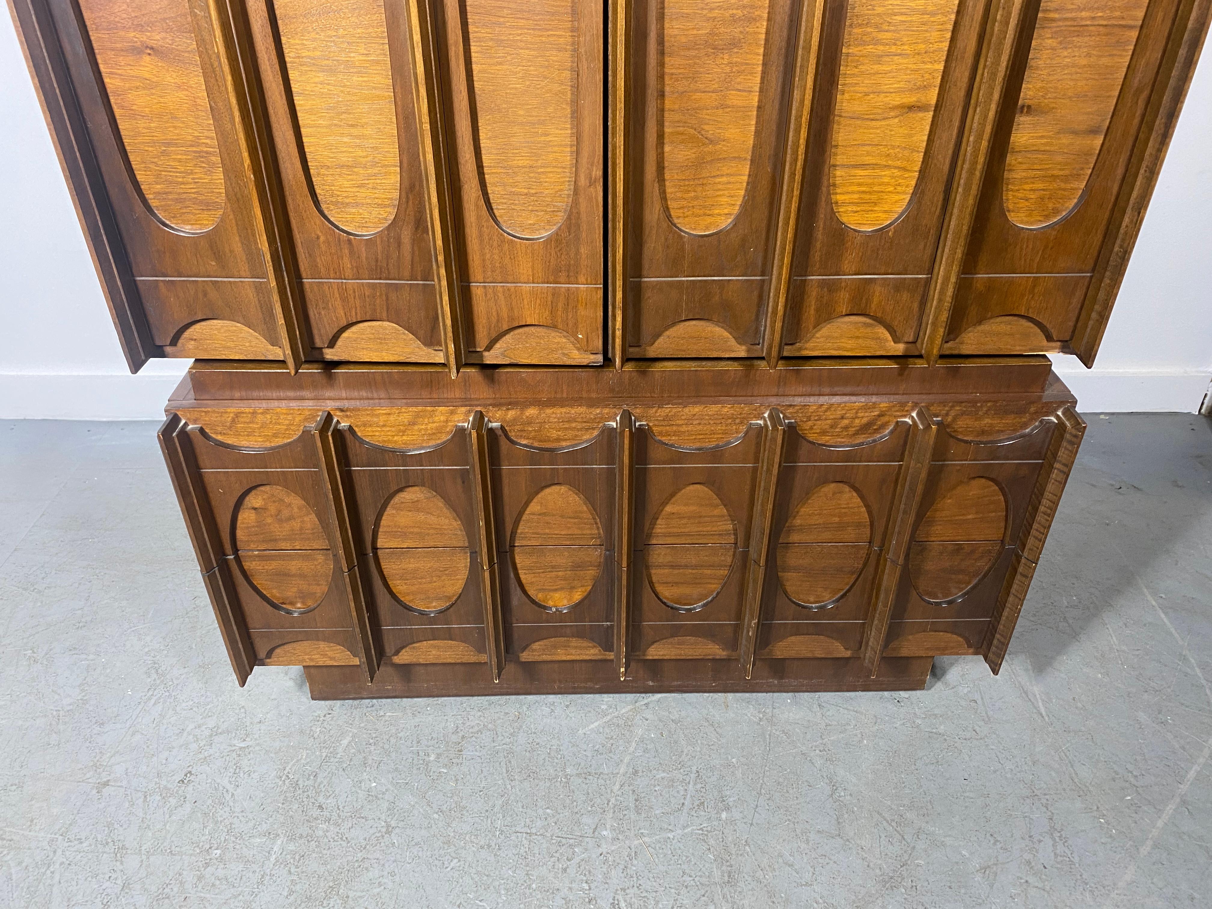 Tobago Brutalist Midcentury Walnut Armoire Highboy Dresser In Good Condition For Sale In Buffalo, NY