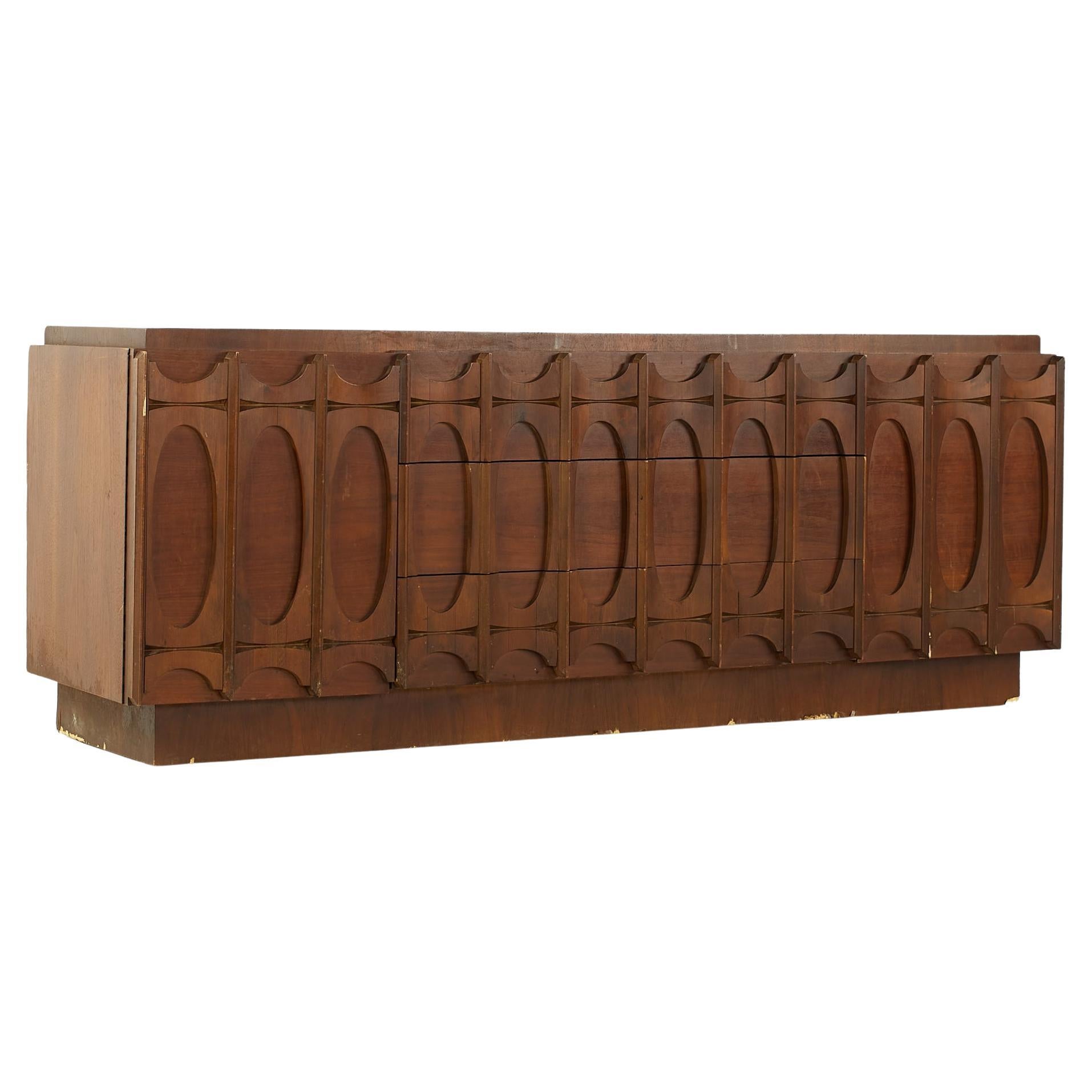 Tobago Brutalist MidCentury Walnut 9 Drawer Lowboy Dresser at 1stDibs