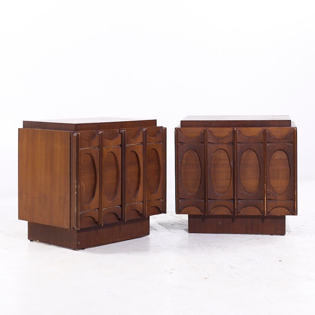 Tobago Brutalist Mid Century Walnut Nightstands - Pair

Each nightstand measures: 26 wide x 18 deep x 25 inches high

All pieces of furniture can be had in what we call restored vintage condition. That means the piece is restored upon purchase so
