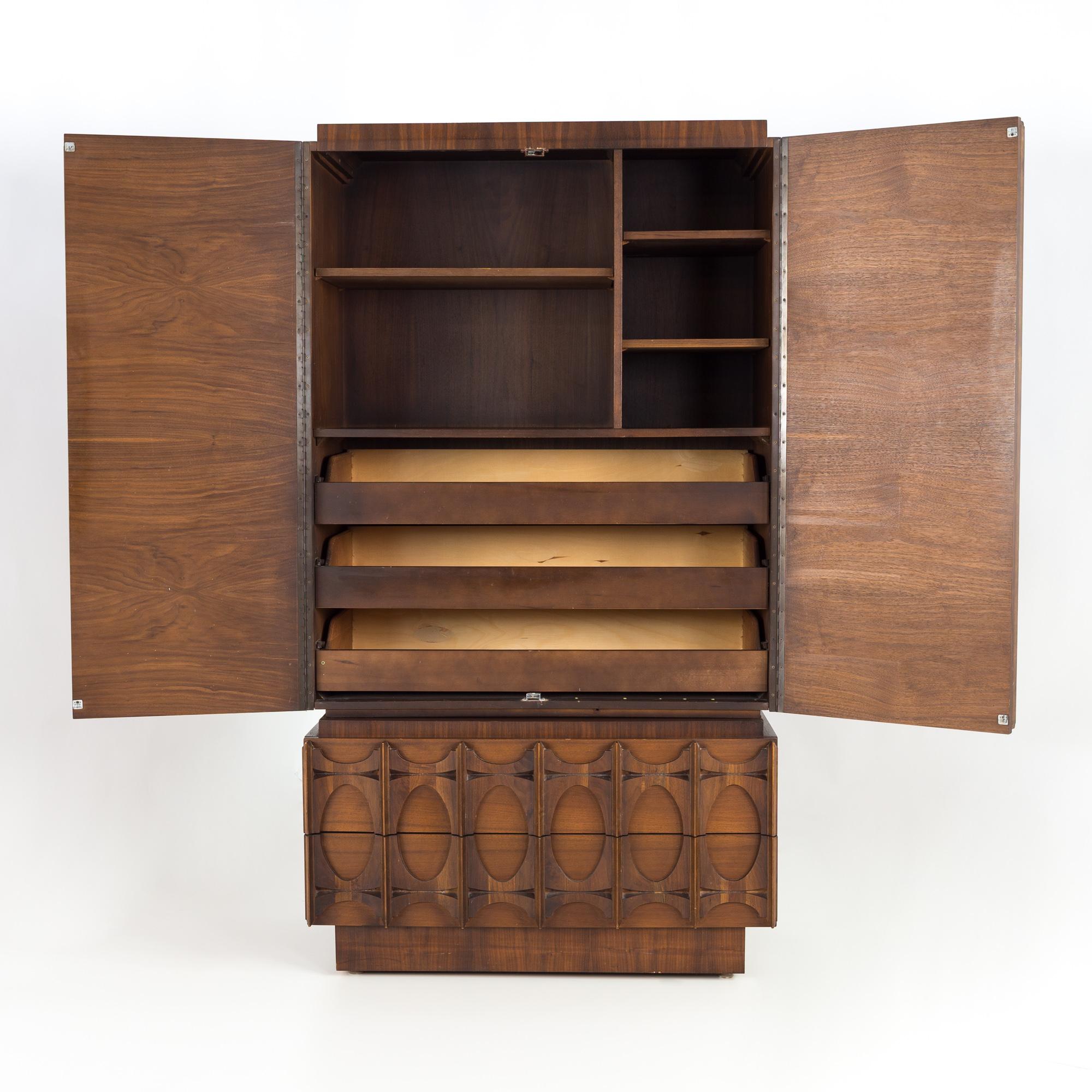 Mid-Century Modern Tobago Canadian Brutalist MCM 2 Piece Gentlemans Chest Armoire Highboy Dresser