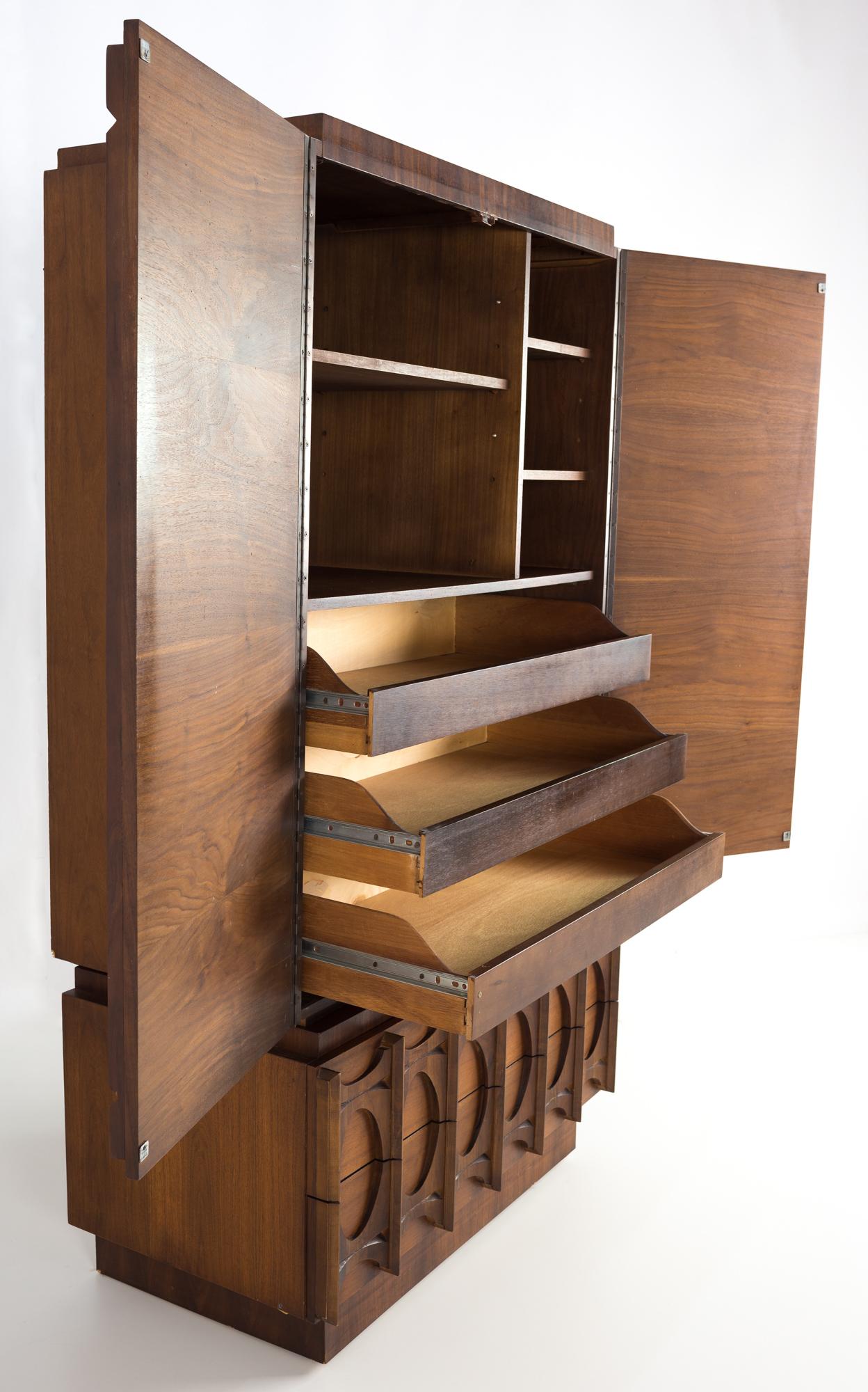 Late 20th Century Tobago Canadian Brutalist MCM 2 Piece Gentlemans Chest Armoire Highboy Dresser