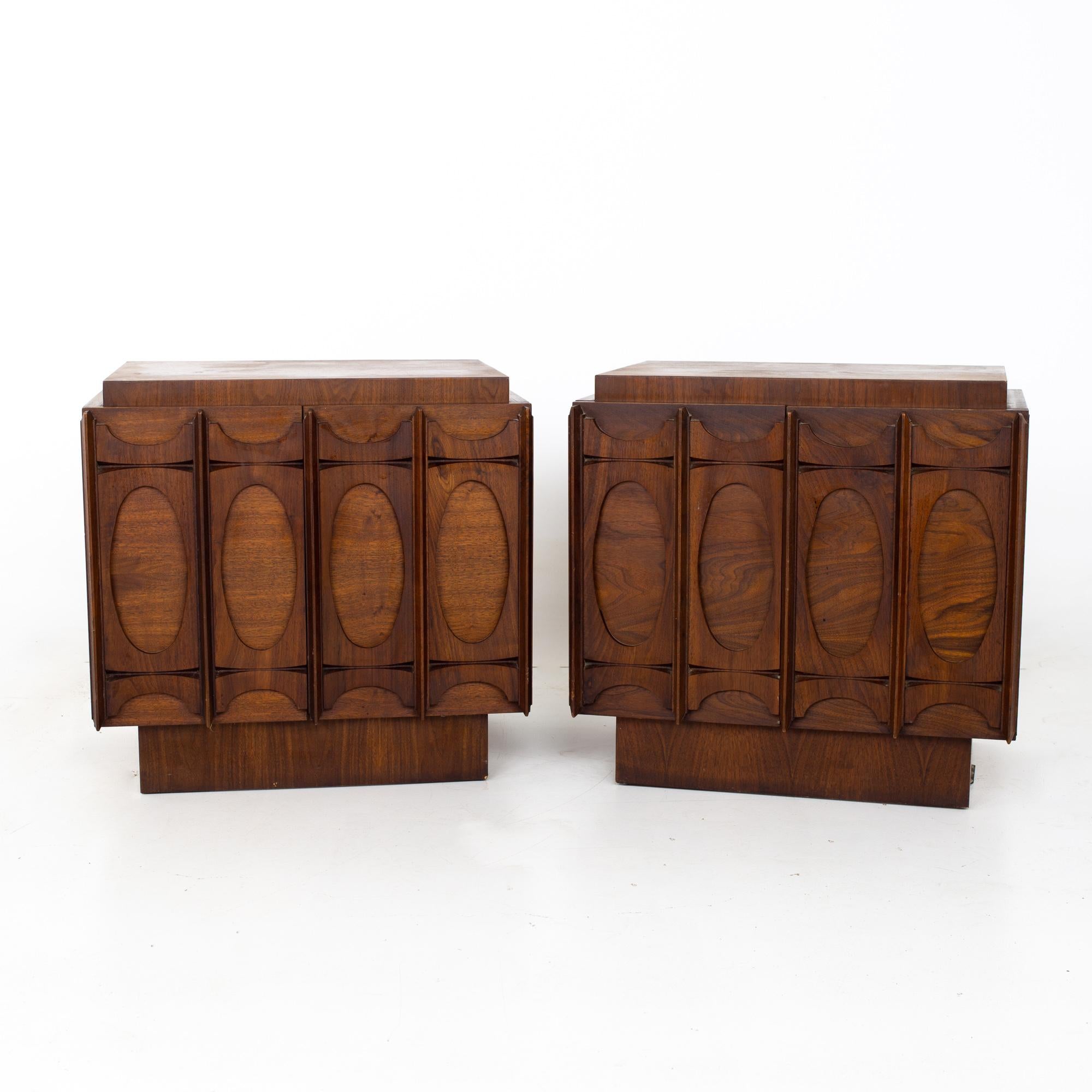 Tobago Canadian brutalist mid century nightstands - Pair

Each nightstand measures: 26 wide x 16 deep x 25.5 inches high

All pieces of furniture can be had in what we call restored vintage condition. That means the piece is restored upon