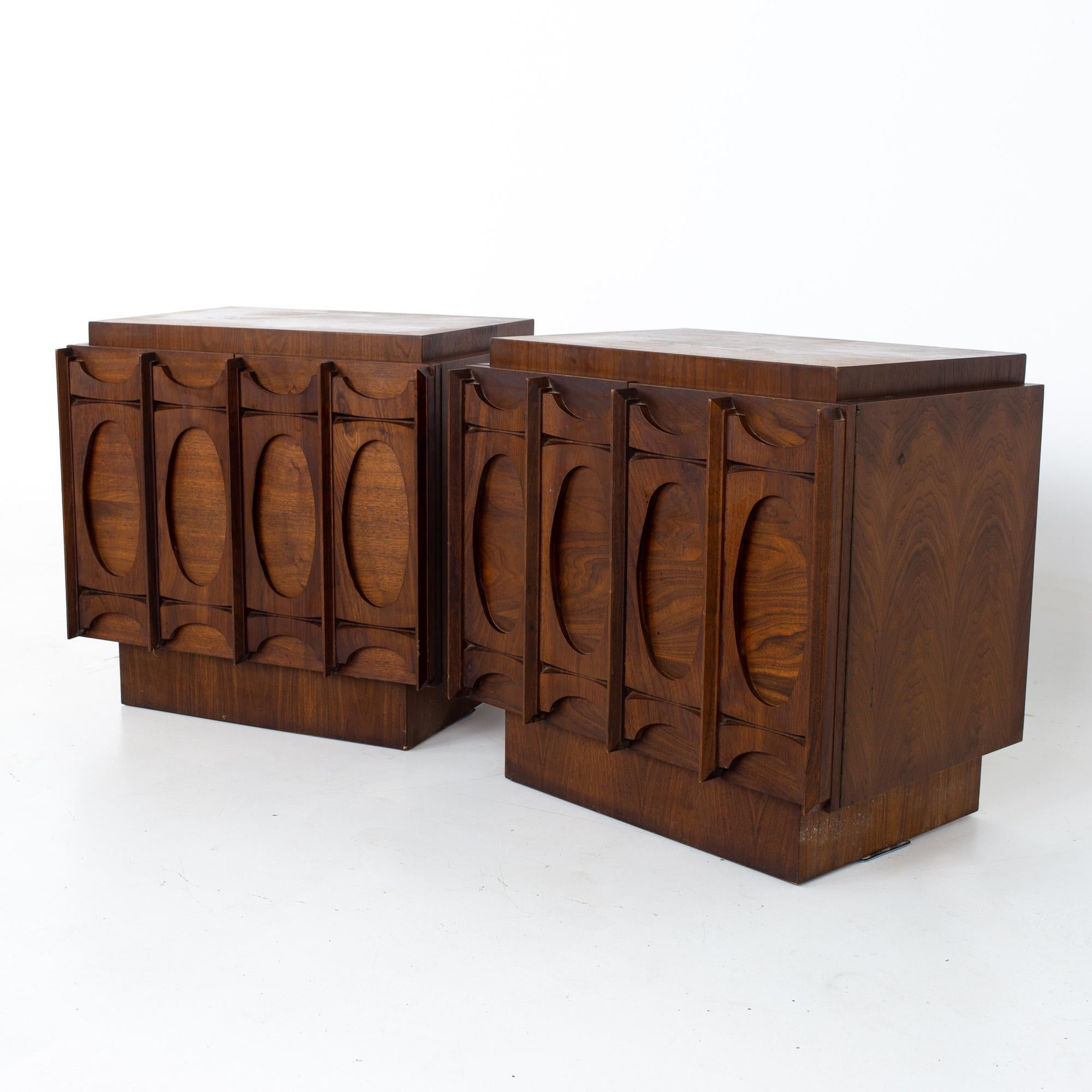 Tobago canadian mid century Brutalist nightstands - a pair
Each nightstand measures: 26 wide x 16 deep x 25.5 inches high

All pieces of furniture can be had in what we call restored vintage condition. That means the piece is restored upon