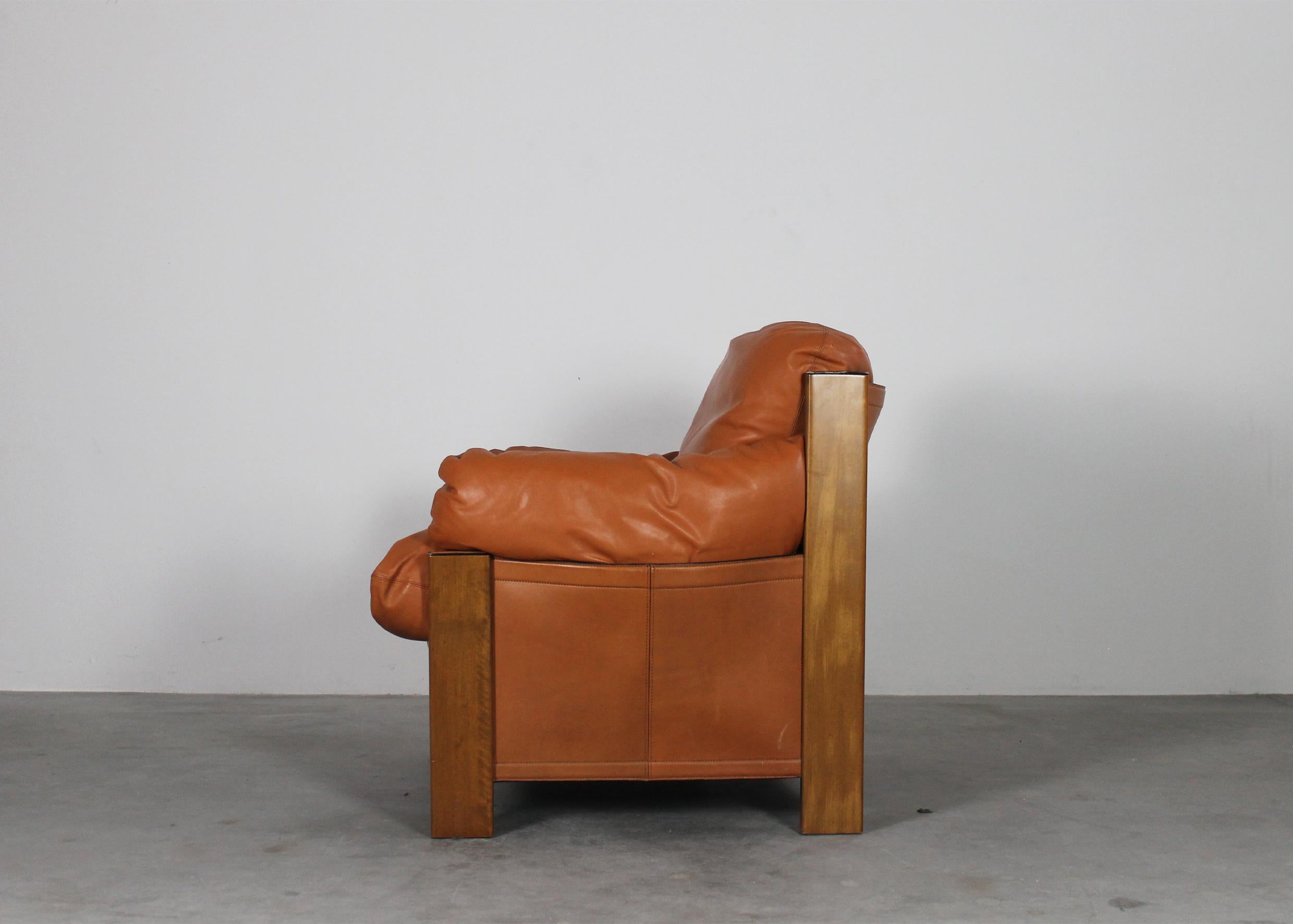 Italian Tobia & Afra Scarpa Armchair and Footrest in Wood and Leather by Maxalto 1975