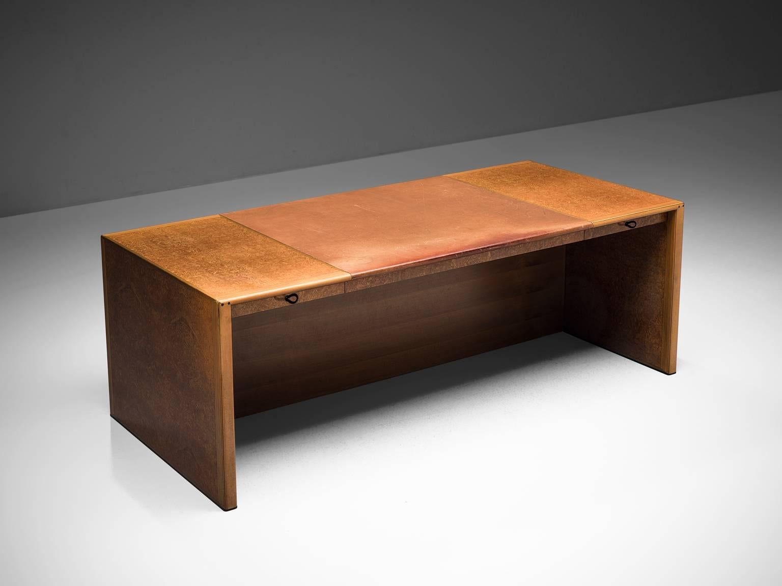 Tobia & Afra Scarpa for Maxalto, 'Artona' desk, burl, walnut, cognac leather, 1979

The Artona line by the Scarpa duo was in fact the first line ever produced by Maxalto, the specialist division of B&B Italia. Maxalto was originally set up in 1975