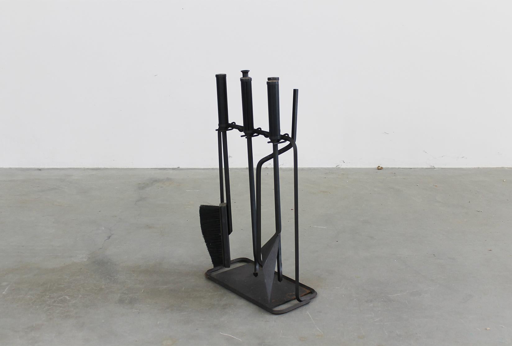 Mid-Century Modern Tobia & Afra Scarpa Fireplace Tools in Iron and Wood by Dimensione Fuoco 80s