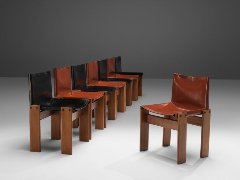 Afra & Tobia Scarpa for Molteni, 'Monk' dining chairs, patinated beech, black and red leather, Italy, 1974

Bicolor set of eight 'Monk' chairs by Italian designers Afra & Tobia Scarpa. The red and black leather forms a striking combination with the