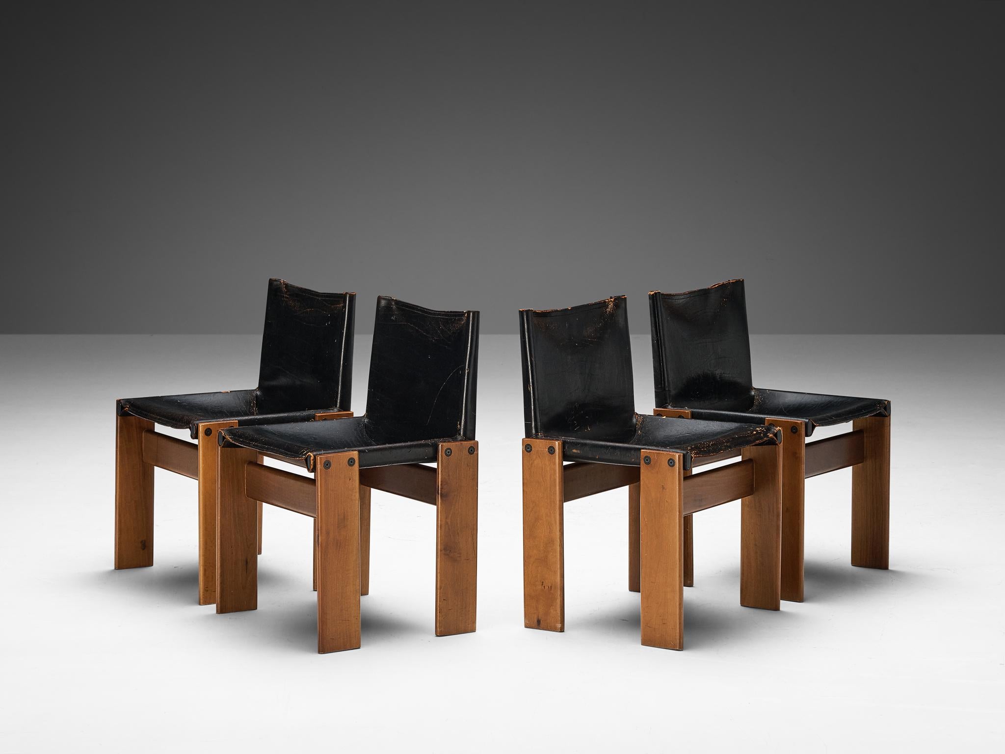 Afra & Tobia Scarpa for Molteni, set of four 'Monk' dining chairs, walnut, black leather, Italy, 1974.

Set of four 'Monk' chairs by Italian designers Afra & Tobia Scarpa. The black leather forms a striking combination with the warm tone of the