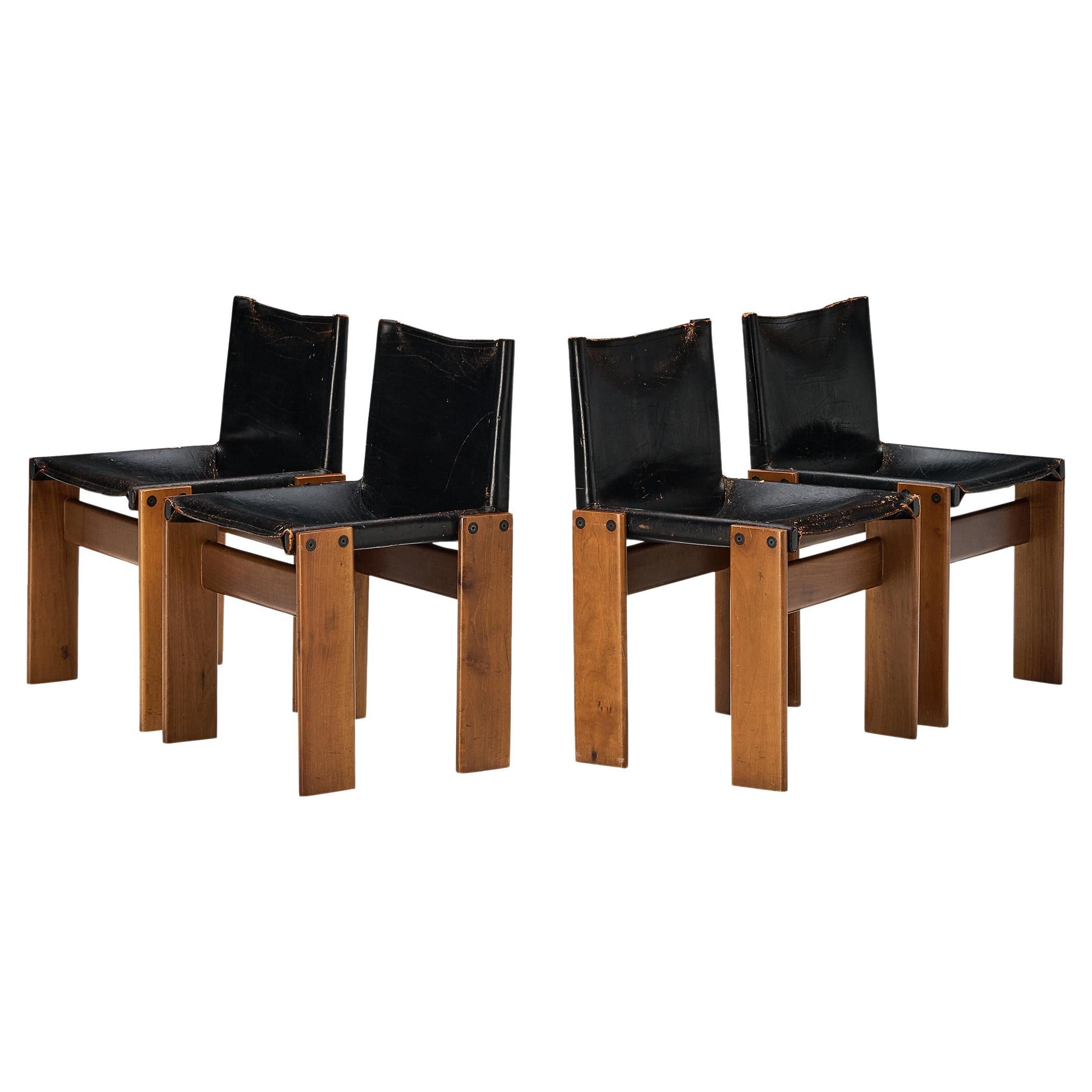 Tobia & Afra Scarpa for Molteni Set of Four 'Monk' Chairs in Black Leather  For Sale