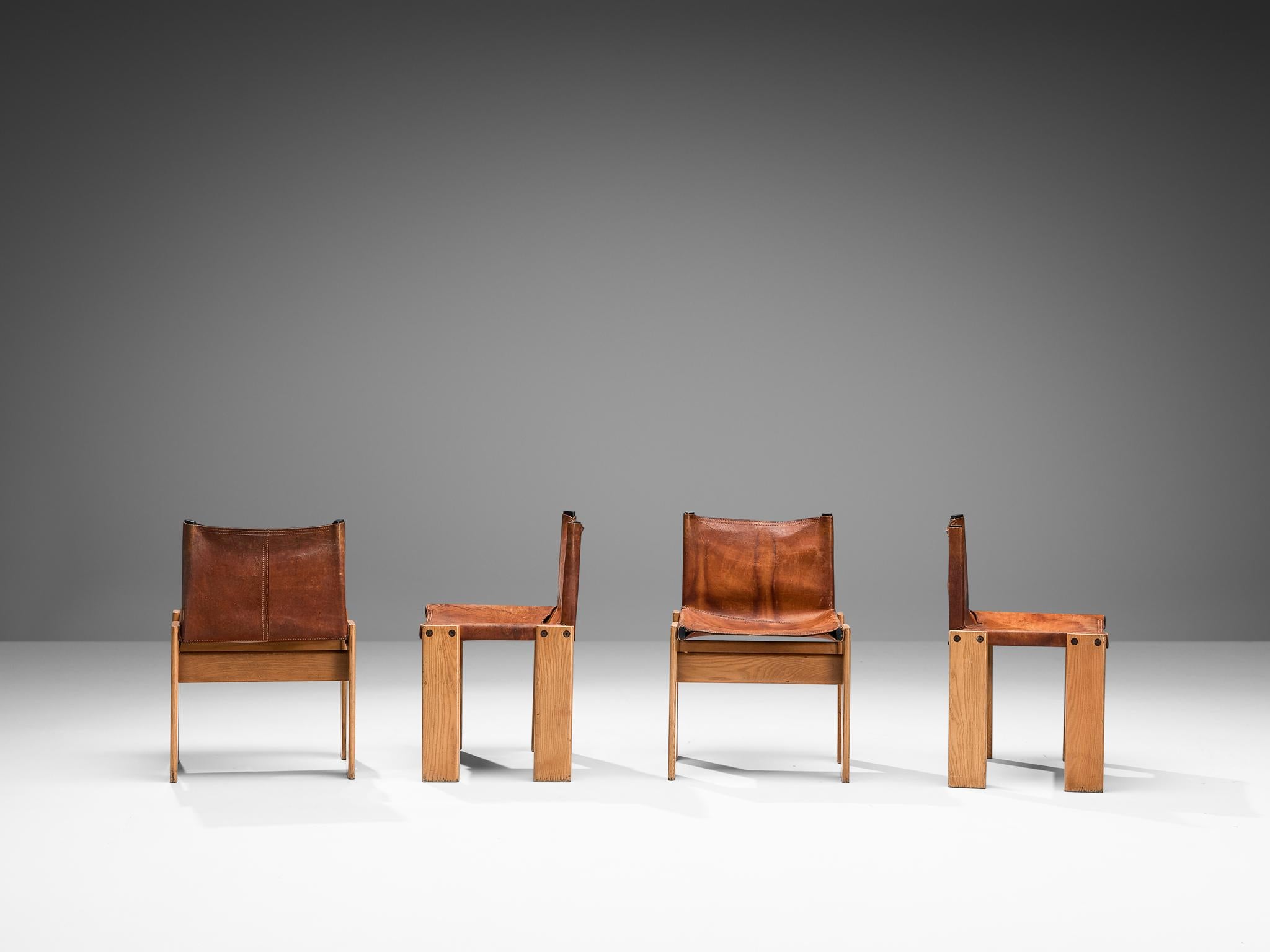 Late 20th Century Tobia & Afra Scarpa for Molteni Set of Four 'Monk' Chairs in Cognac Leather 