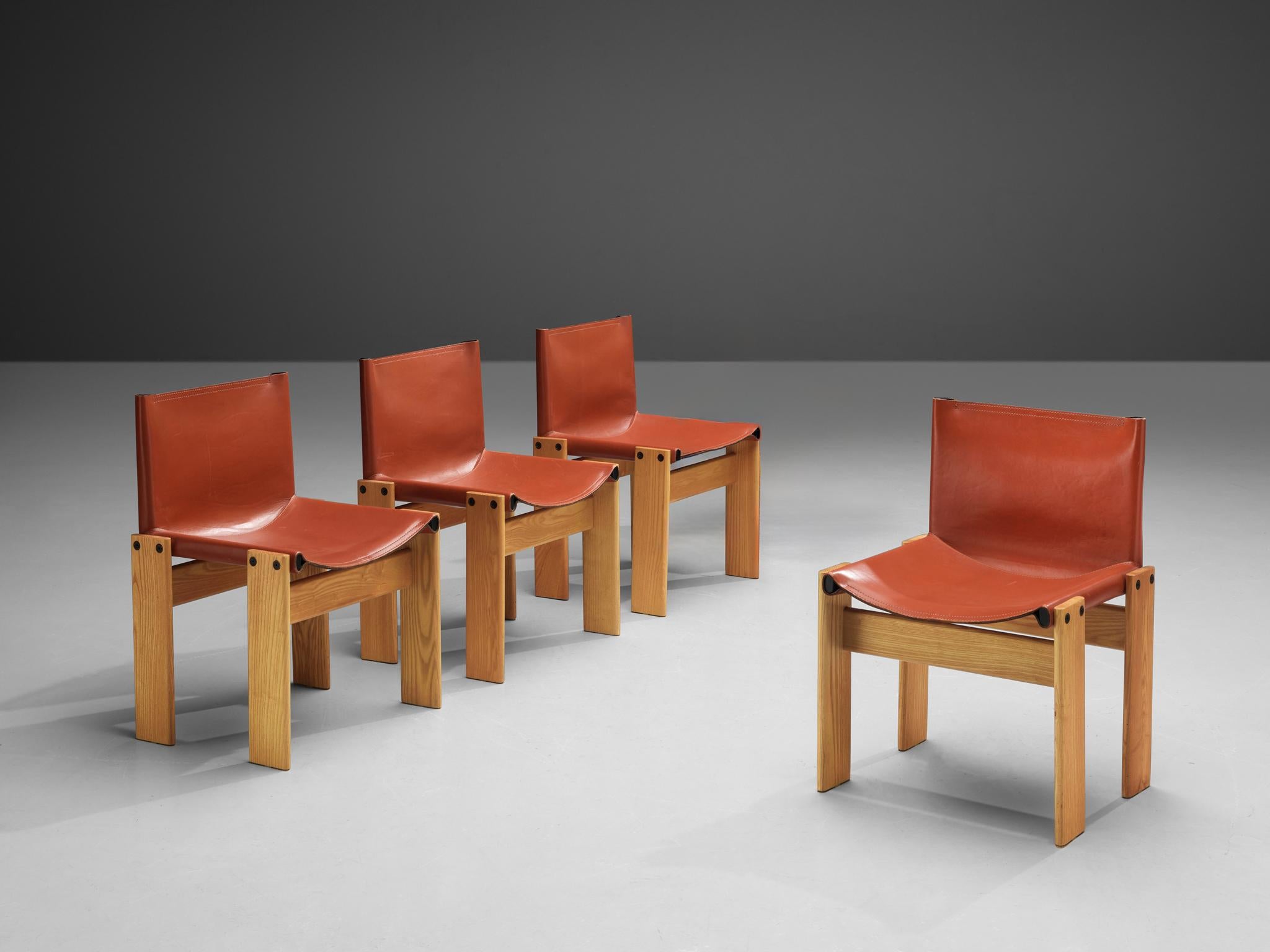 Afra & Tobia Scarpa for Molteni, set of four 'Monk' dining chairs, ash, leather, Italy, 1974.

Set of four 'Monk' chairs by Italian designers Afra & Tobia Scarpa. The red brown leather forms a striking combination with the blond ash wood.