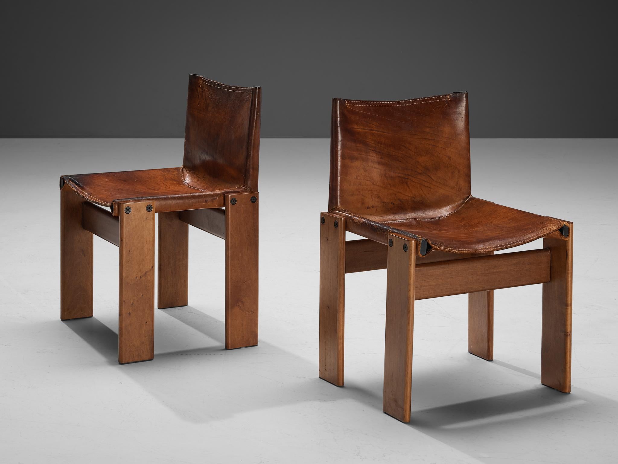 Tobia & Afra Scarpa for Molteni Set of Six 'Monk' Chairs in Cognac Leather In Good Condition In Waalwijk, NL