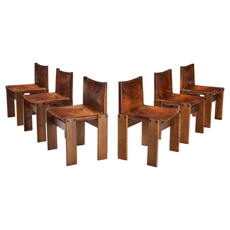 Tobia & Afra Scarpa for Molteni Set of Six 'Monk' Chairs in Cognac Leather For Sale
