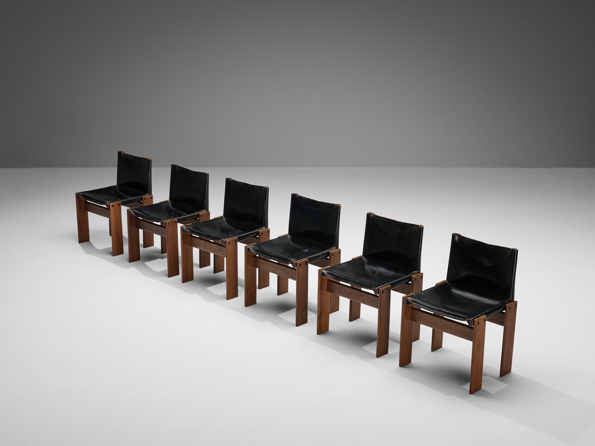 Mid-Century Modern Tobia & Afra Scarpa for Molteni Set of Six 'Monk' Chairs in Leather and Walnut