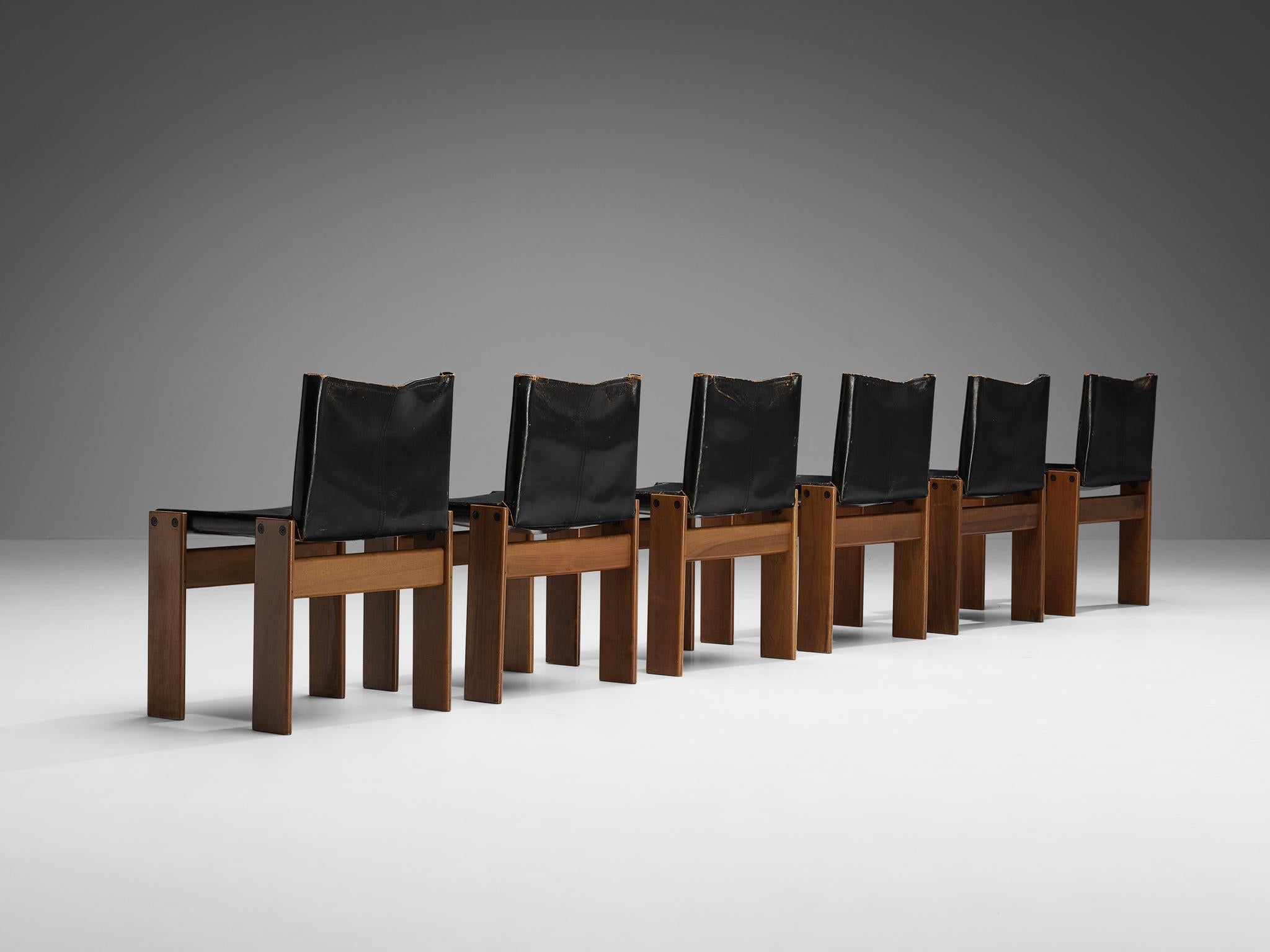 Italian Tobia & Afra Scarpa for Molteni Set of Six 'Monk' Chairs in Leather and Walnut