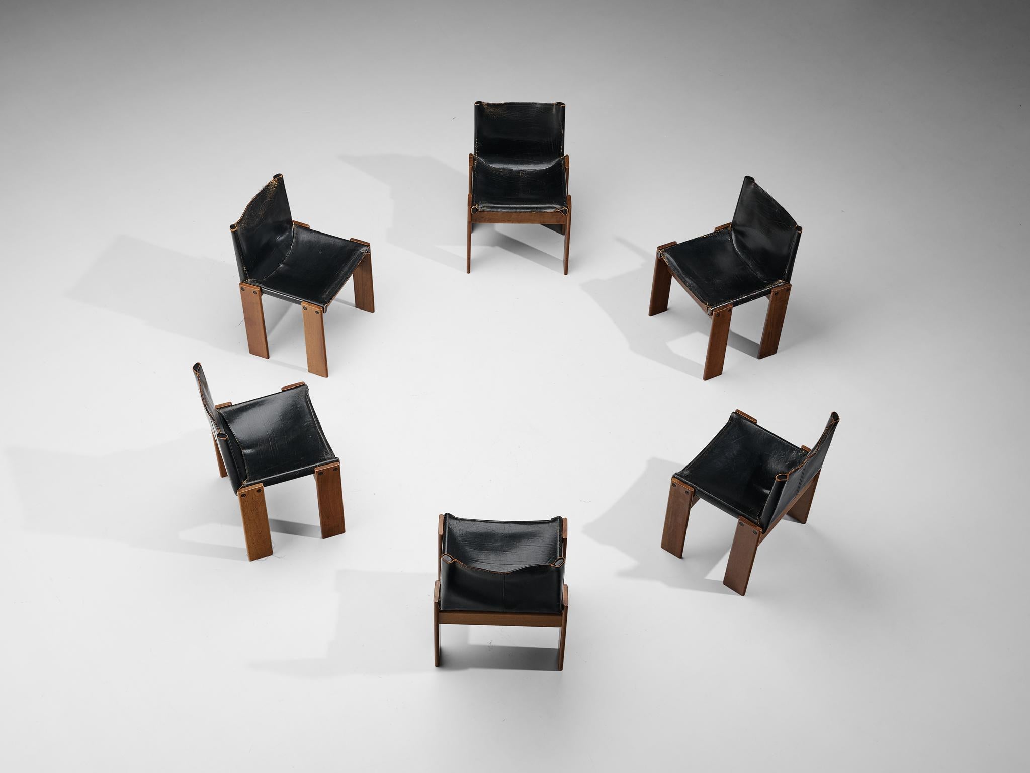 Late 20th Century Tobia & Afra Scarpa for Molteni Set of Six 'Monk' Chairs in Leather and Walnut