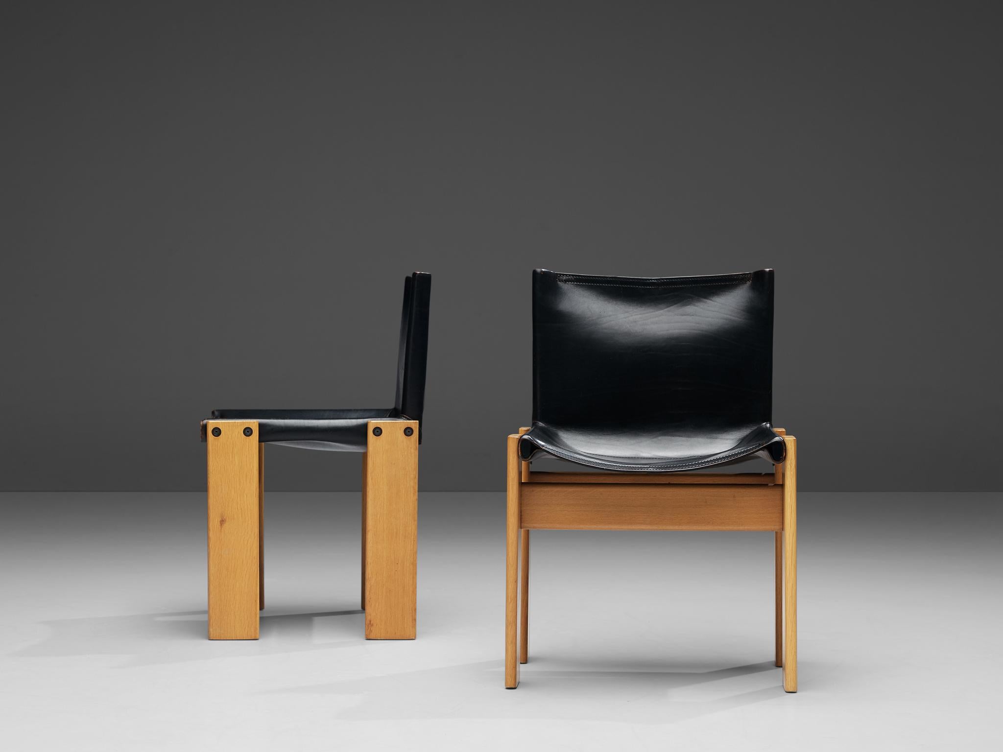 Oak Tobia & Afra Scarpa for Molteni Six 'Monk' Chairs in Black Leather