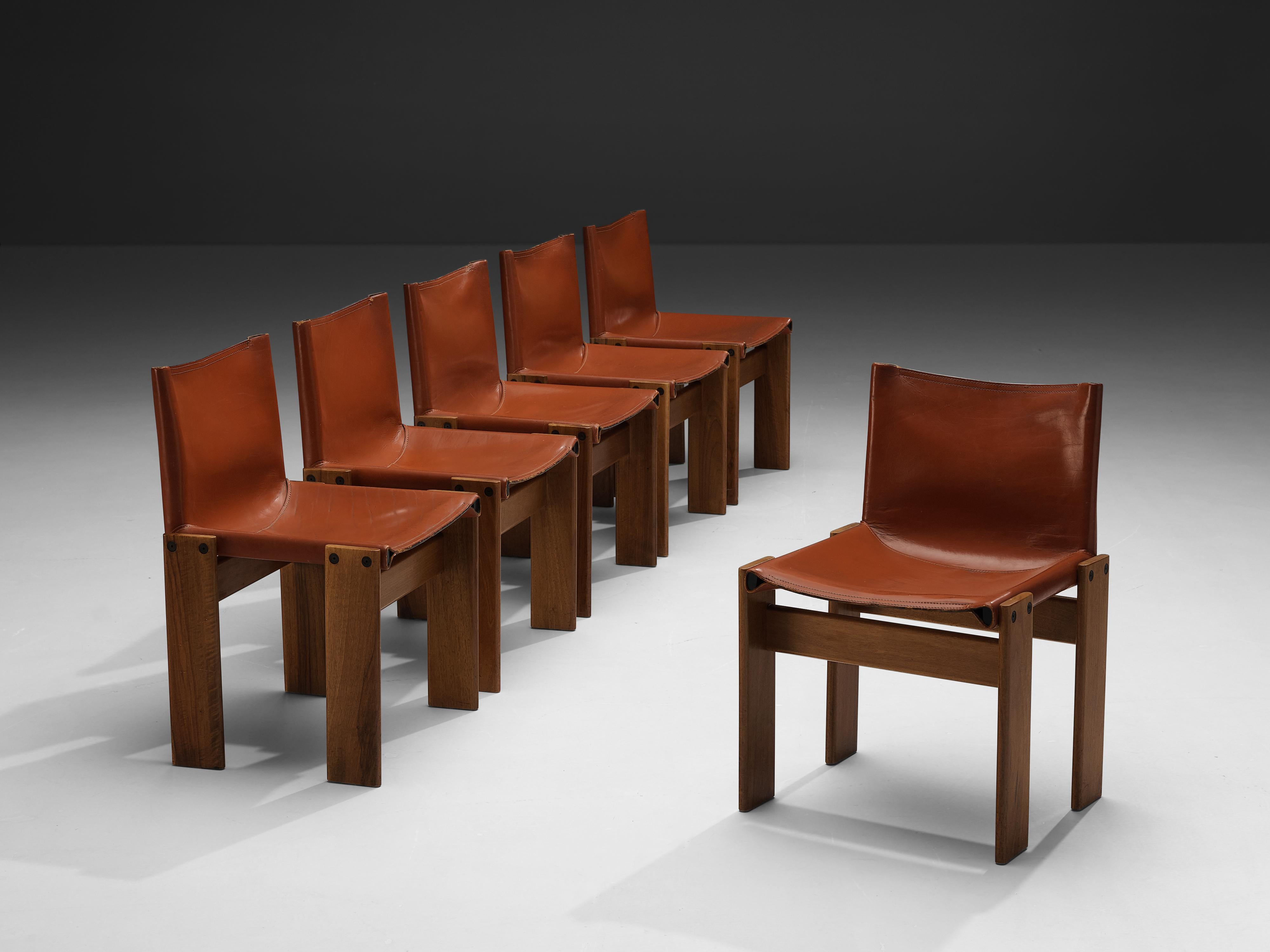 Italian Tobia & Afra Scarpa for Molteni Six 'Monk' Chairs in Red Leather