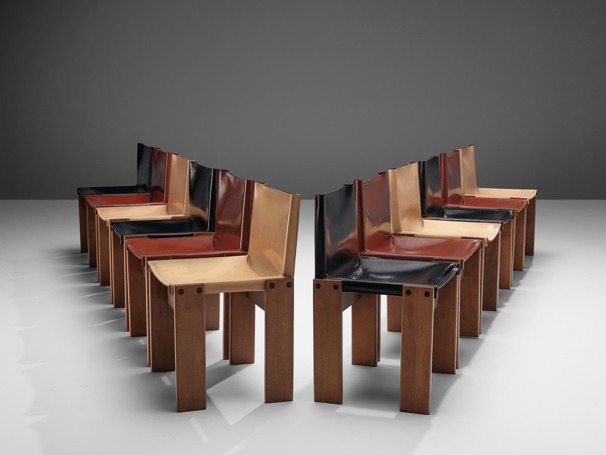 Afra & Tobia Scarpa for Molteni, twelve dining chairs, patinated beech, black, beige and red leather, Italy, 1974.

The different colors in leather form a striking combination with the blond wood. Interesting is the 'flat' shape of this chair