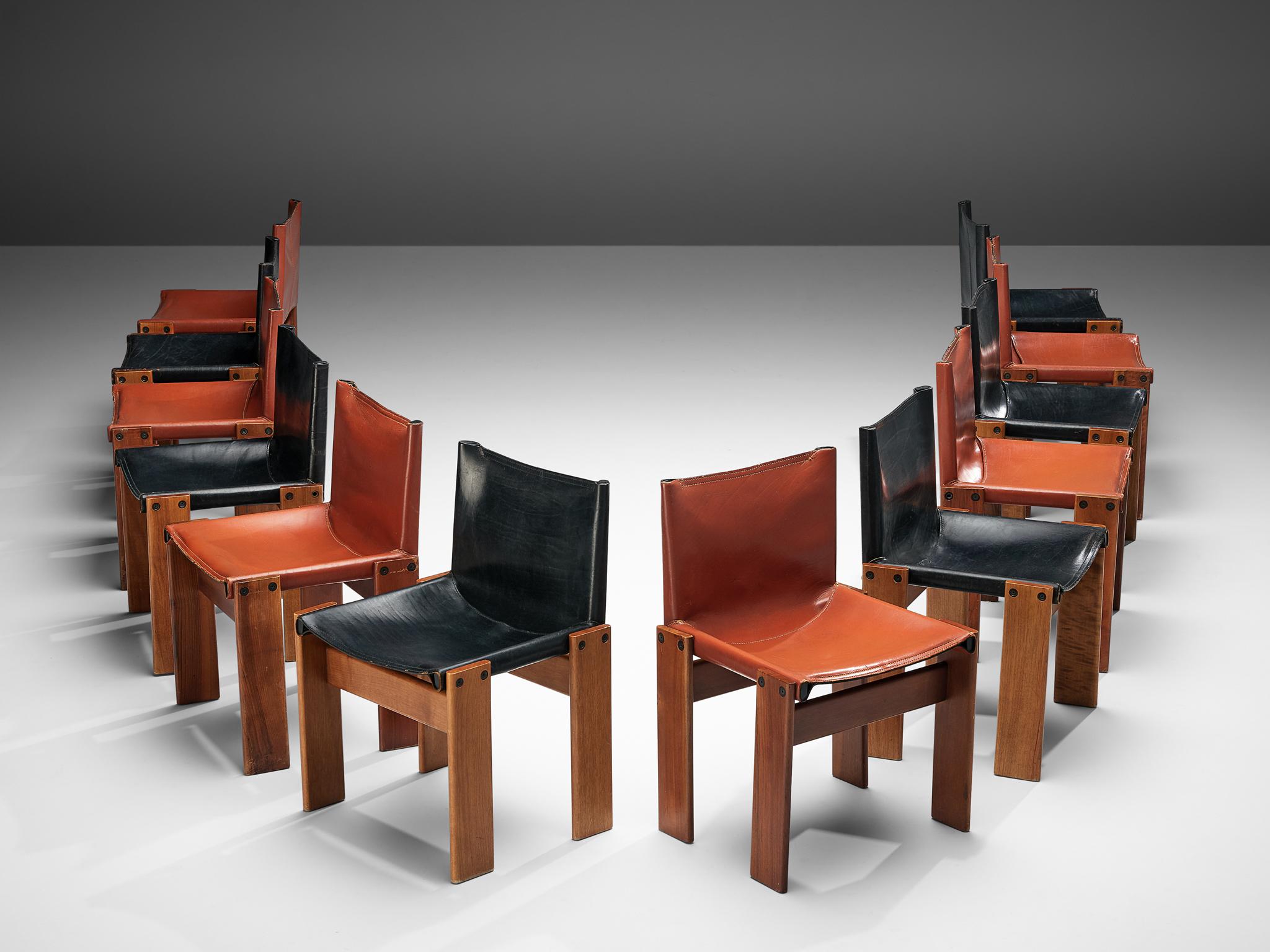 Italian Tobia & Afra Scarpa for Molteni Twelve 'Monk' Chairs in Black and Red Leather